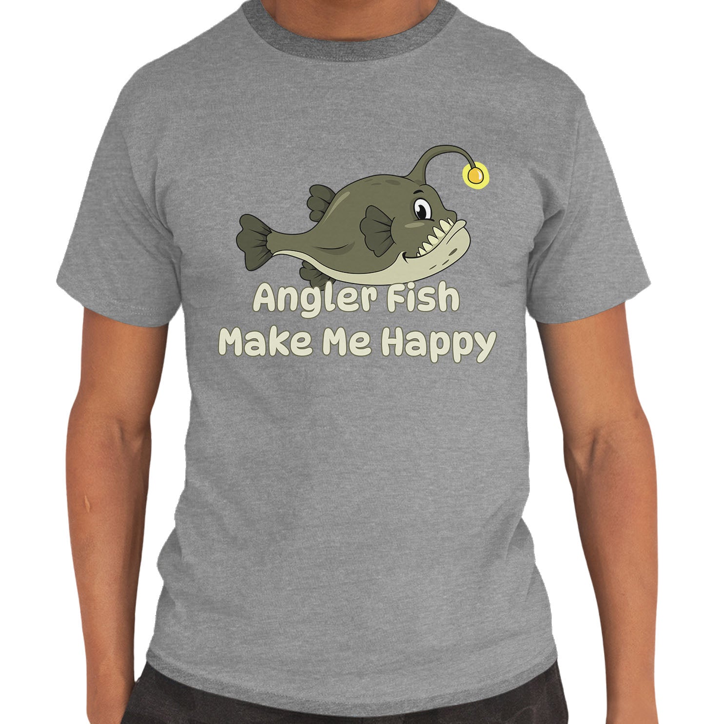 Angler Fish Toon Make Me Happy - Adult Unisex T-Shirt - Grey