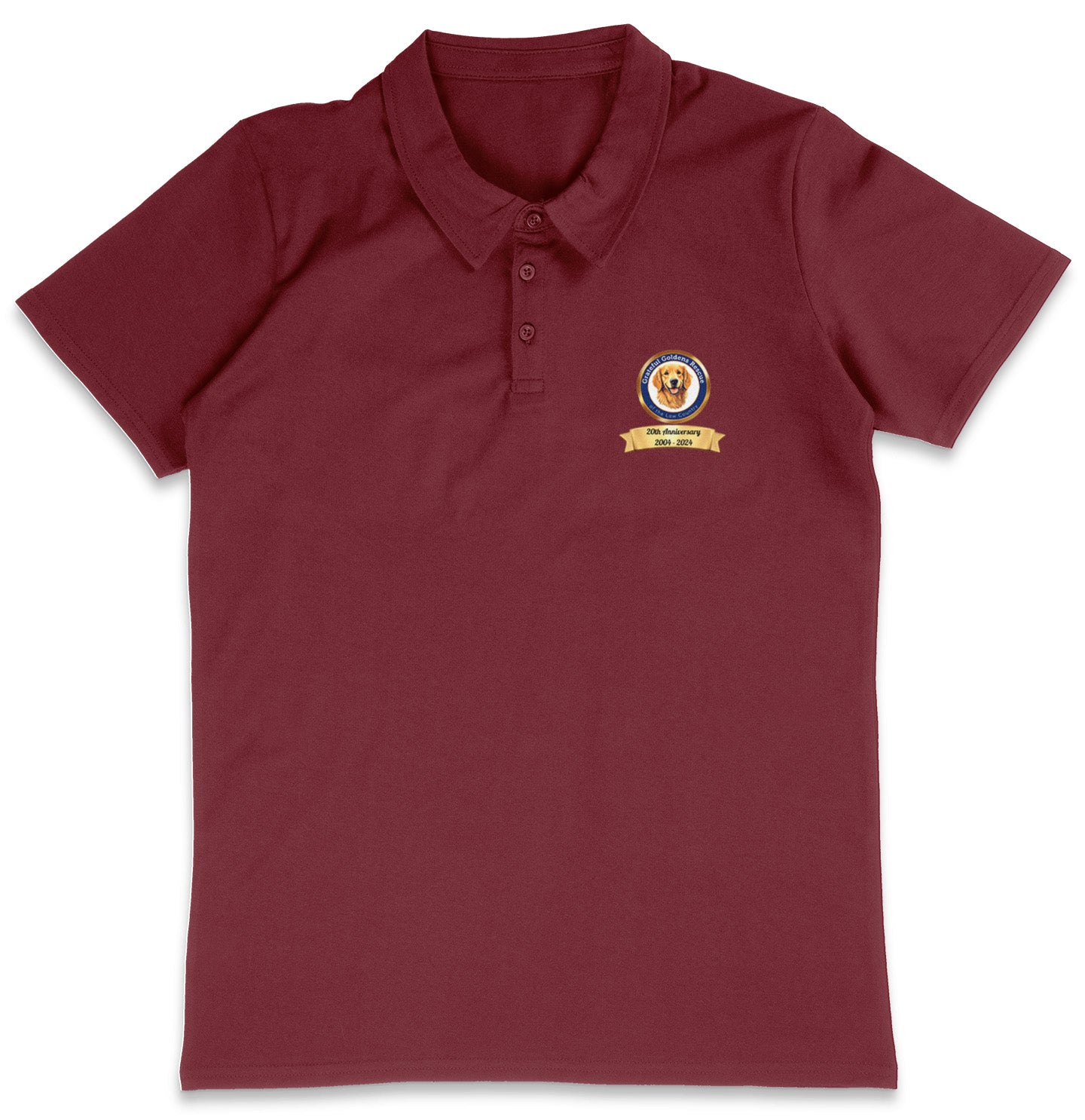 Grateful Golden Rescue 20th Anniversary LC Logo - Adult Micro-Mesh Polo - Maroon - X-Large - Sizes