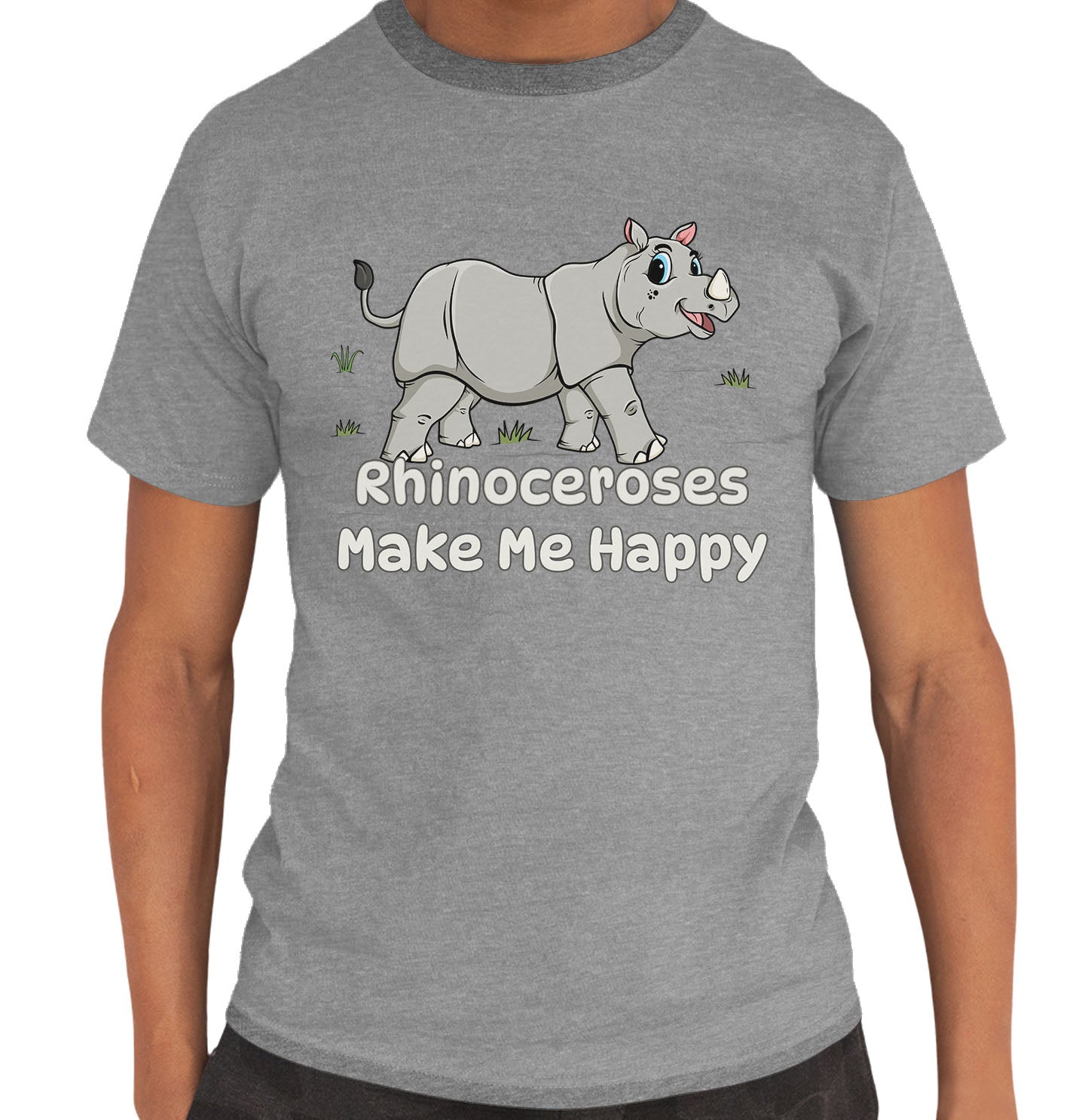Rhinoceros Toon Make Me Happy - Adult Unisex T-Shirt - Grey