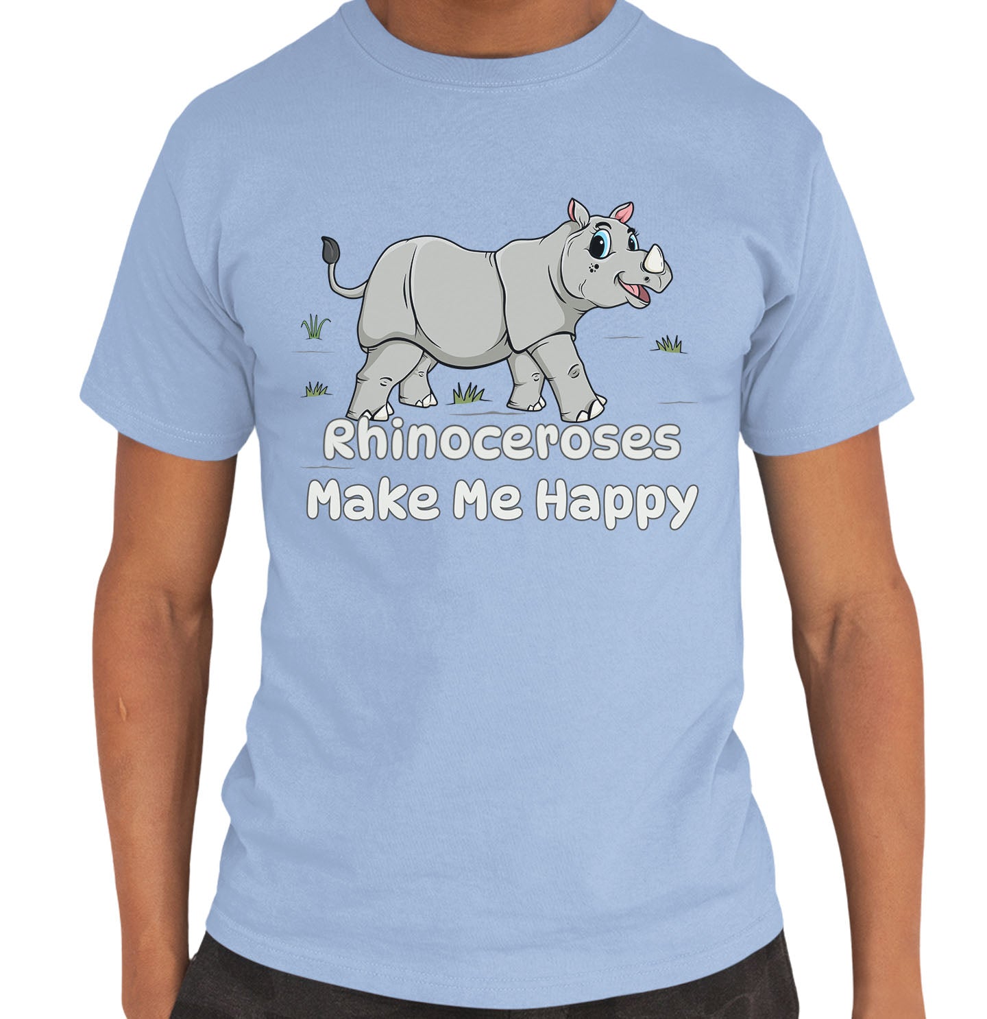 Rhinoceros Toon Make Me Happy - Adult Unisex T-Shirt - Light Blue