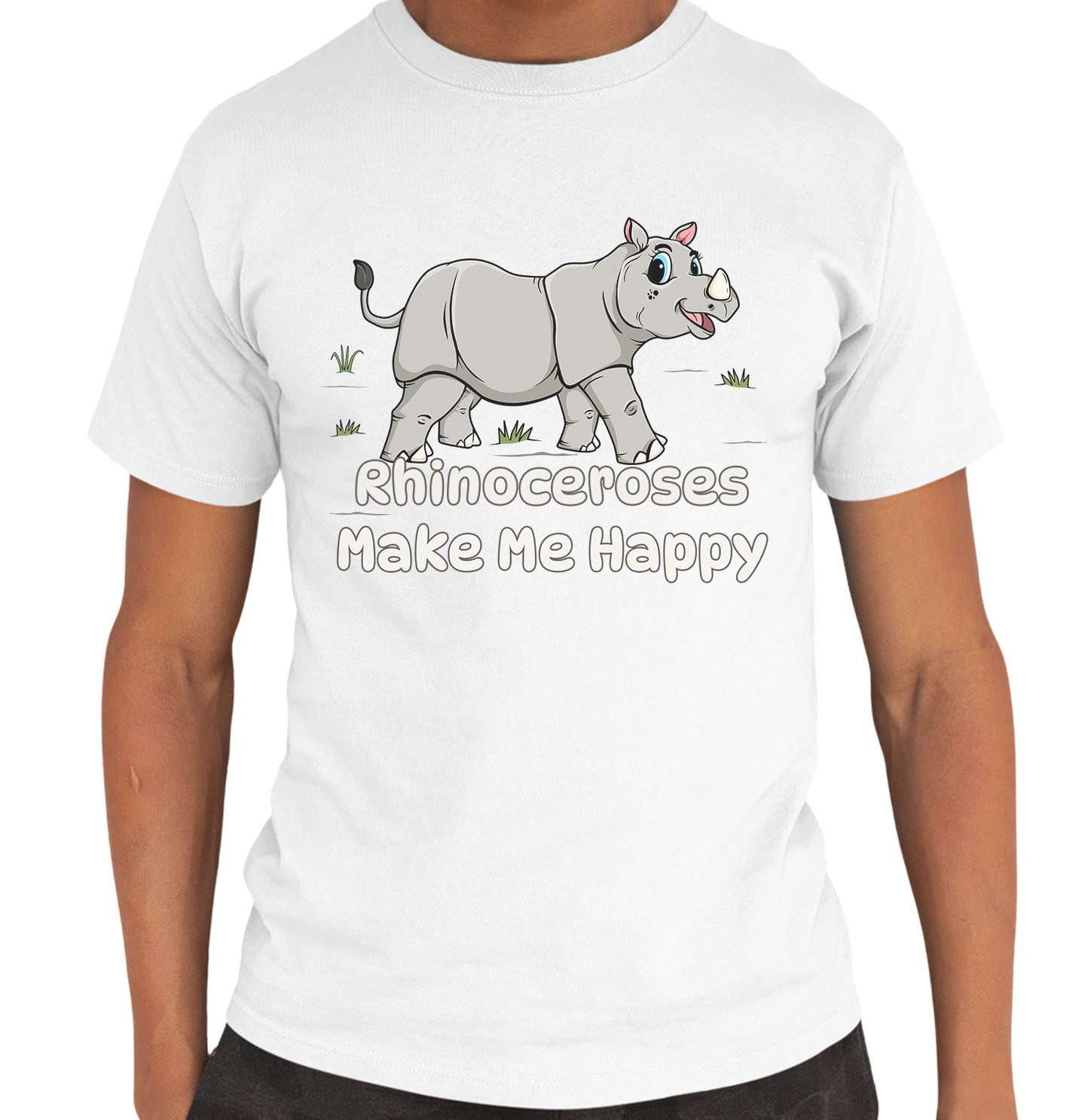 Rhinoceros Toon Make Me Happy - Adult Unisex T-Shirt - White