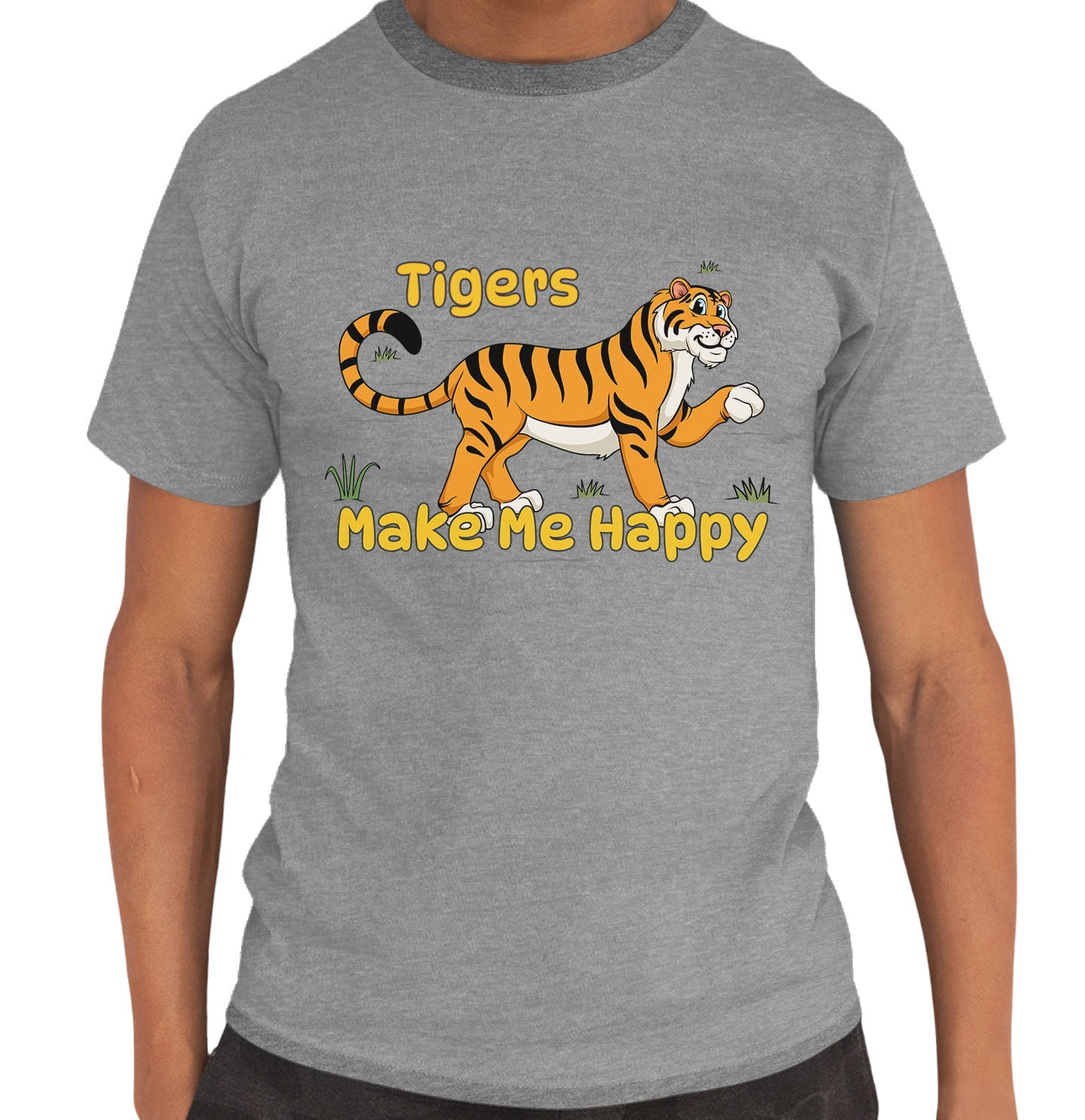 Tiger Toon Make Me Happy - Adult Unisex T-Shirt - Grey
