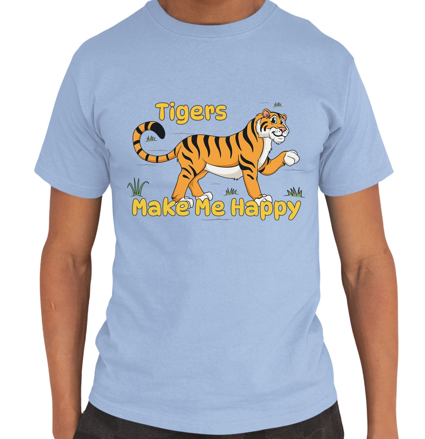 Tiger Toon Make Me Happy - Adult Unisex T-Shirt - Light Blue