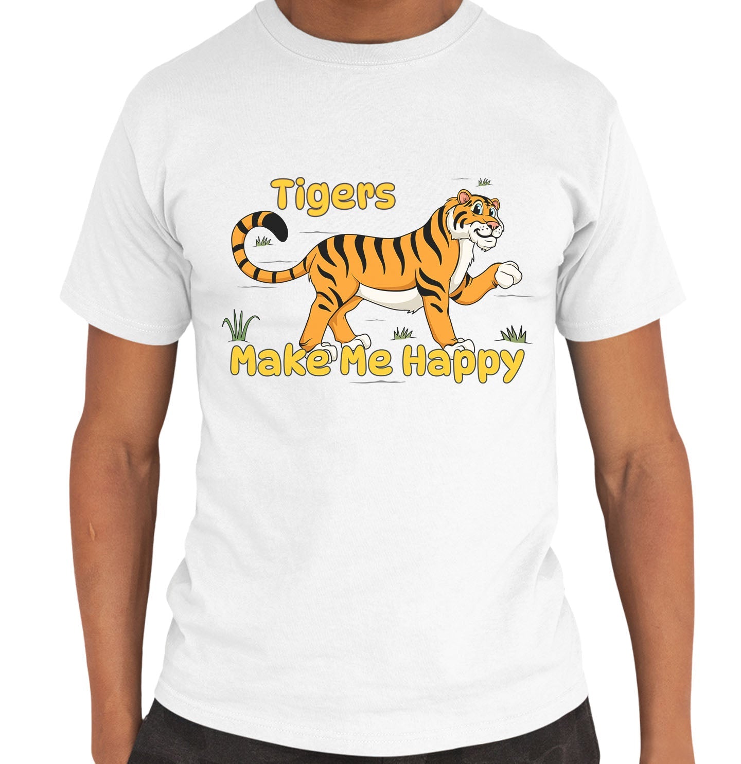 Tiger Toon Make Me Happy - Adult Unisex T-Shirt - White