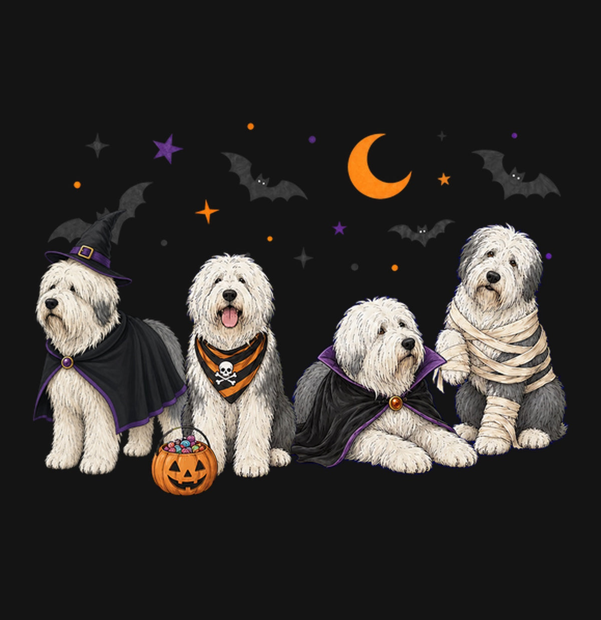 Old English Sheepdog Halloween Lineup - Kids Unisex T-Shirt