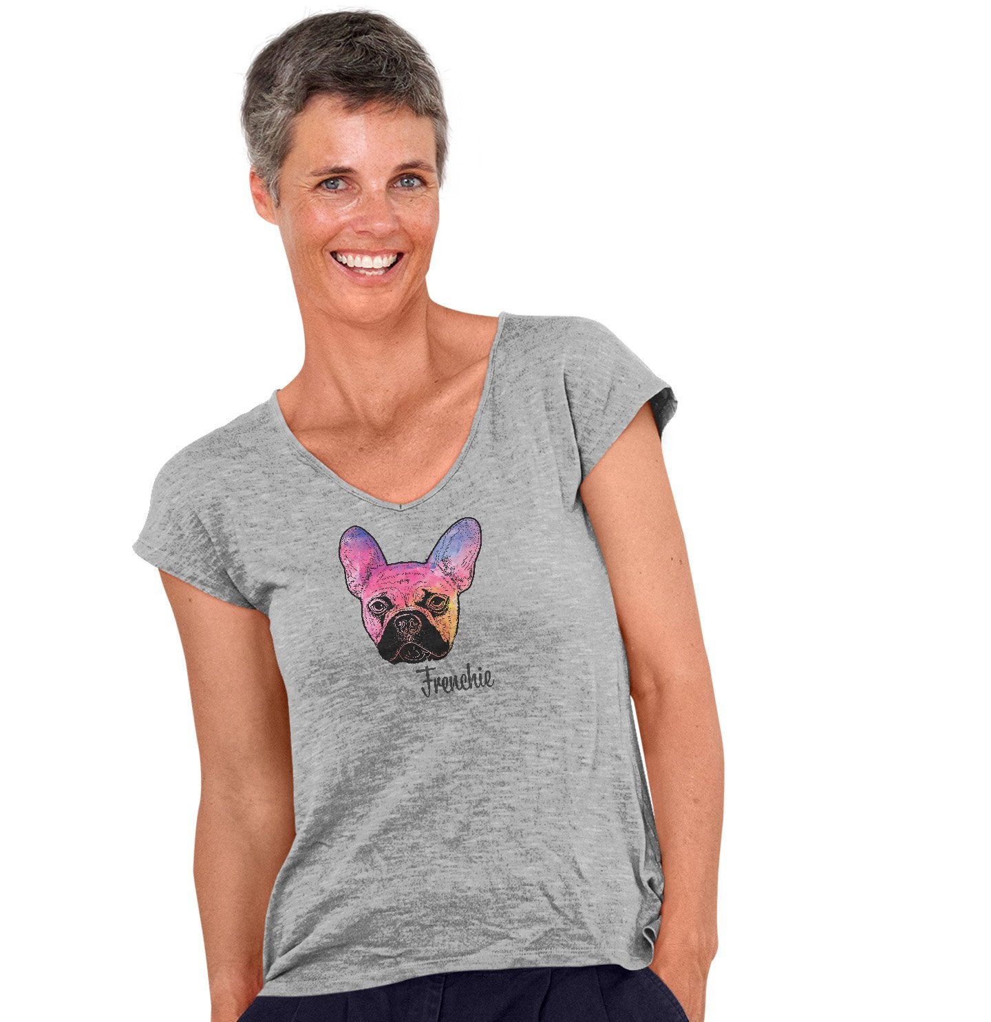 Colorful Frenchie Headshot - Women's V-Neck T-Shirt