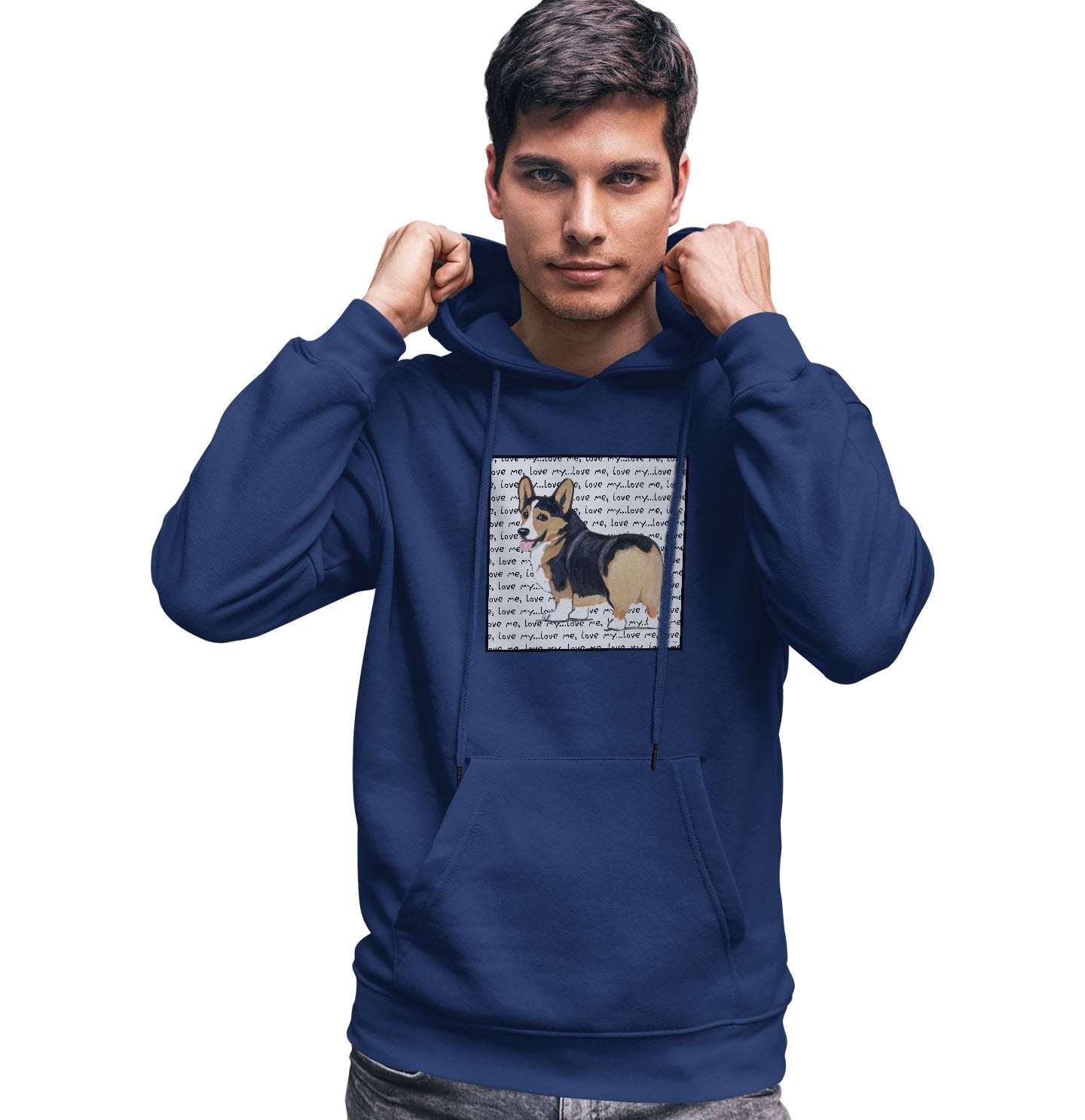 Tri Color Corgi Puppy Love Text - Adult Unisex Hoodie Sweatshirt