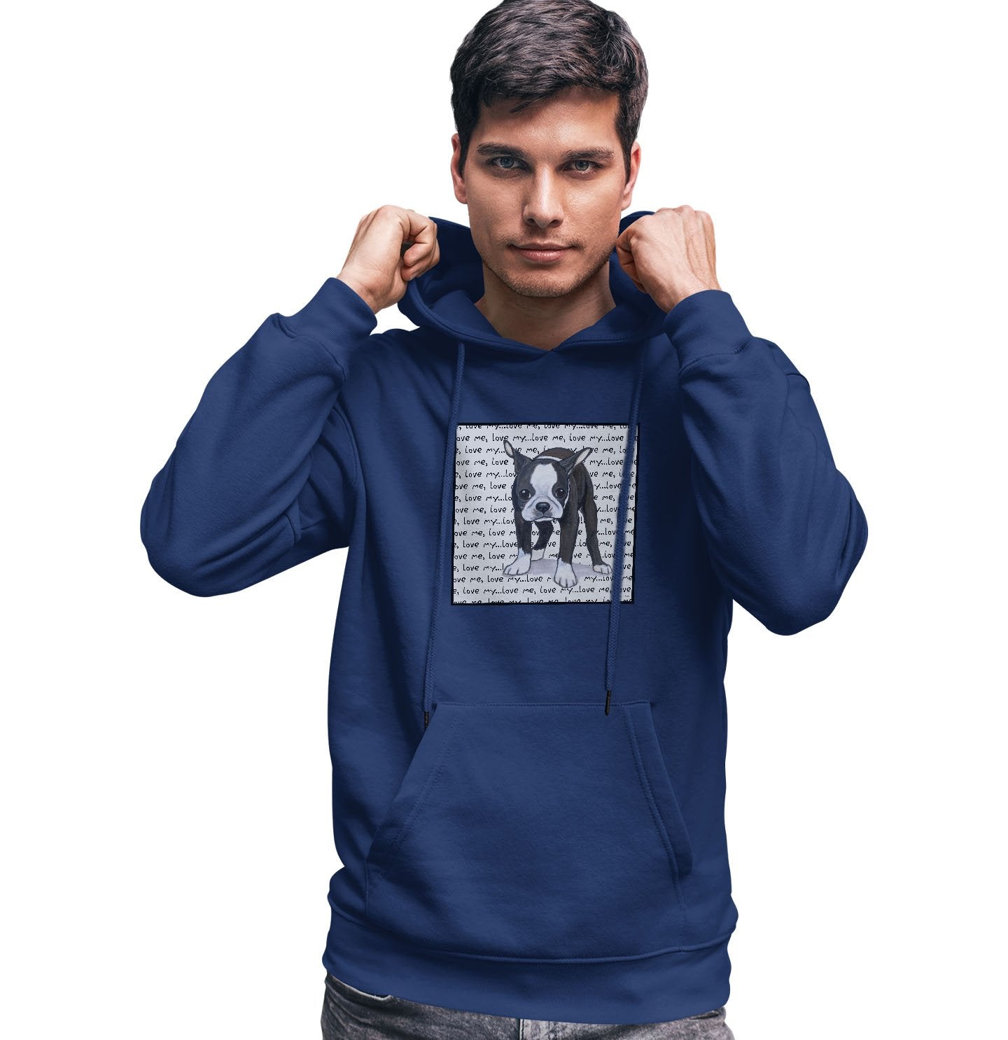 Boston Terrier Puppy Love Text - Adult Unisex Hoodie Sweatshirt