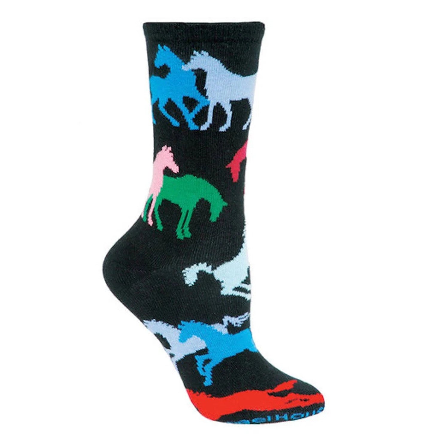Animal Pride - Colorful Horses on Black - Adult Cotton Crew Socks