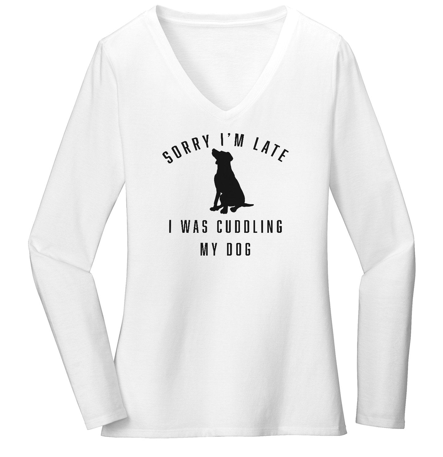 Sorry I'm Late Dog Cuddling Labrador Silhouette - Women's V-Neck Long Sleeve T-Shirt