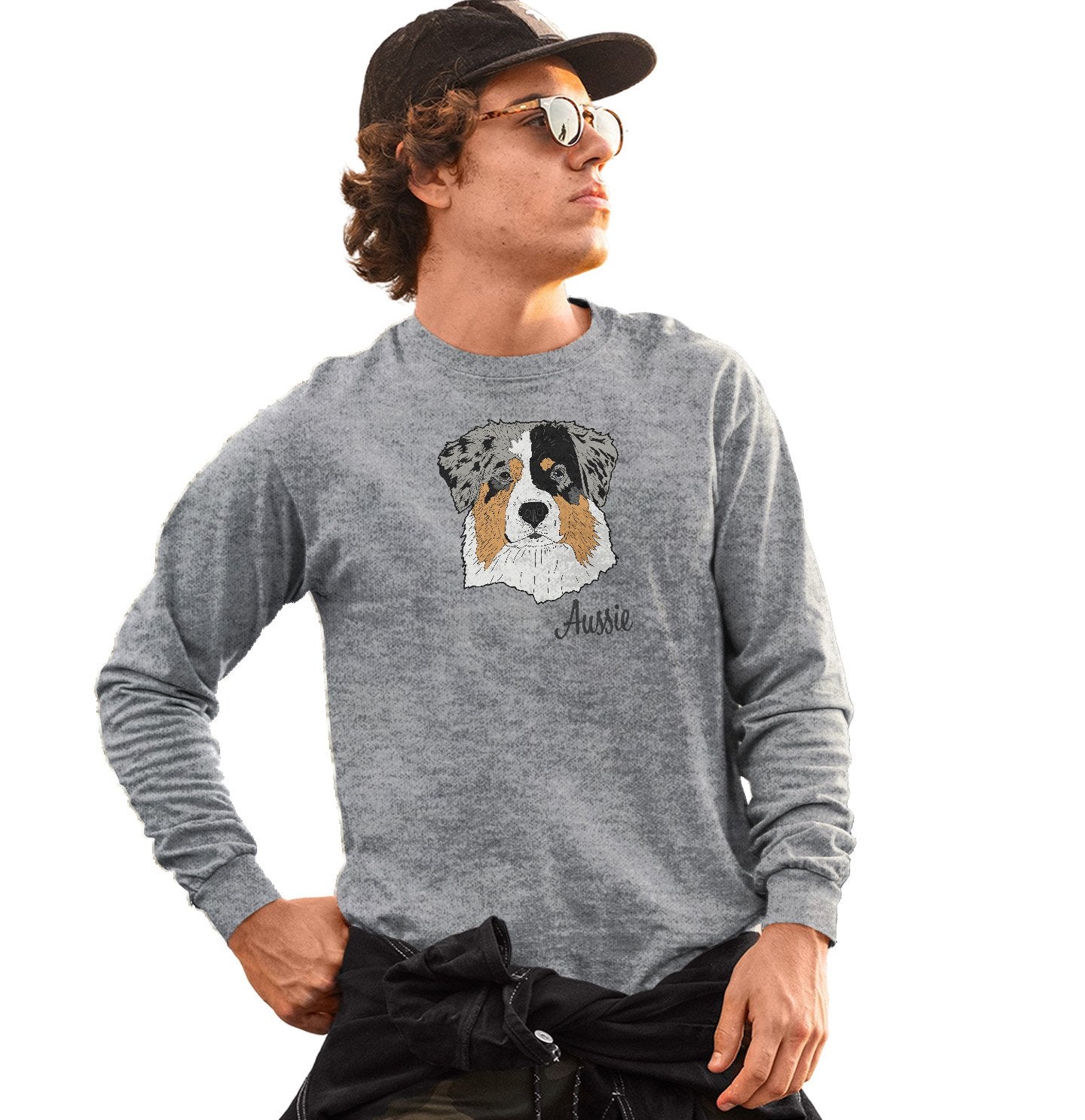 Animal Pride - Blue Merle Aussie Headshot - Adult Unisex Long Sleeve T-Shirt