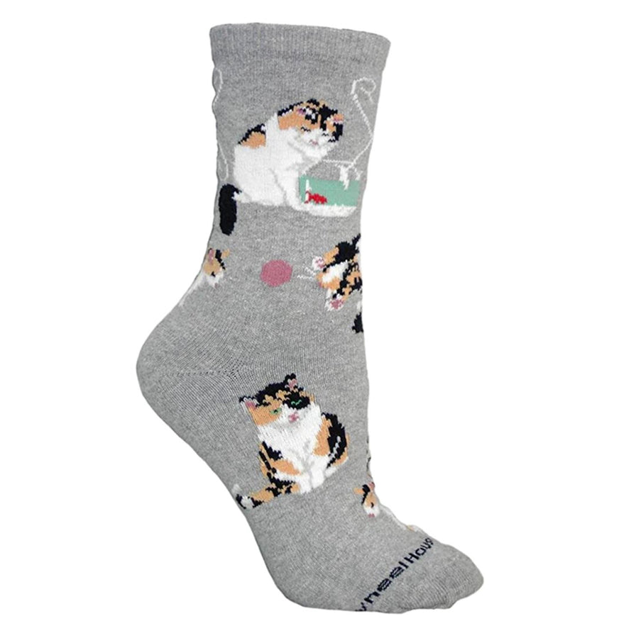 Animal Pride - Calico Cats on Grey - Adult Cotton Crew Socks
