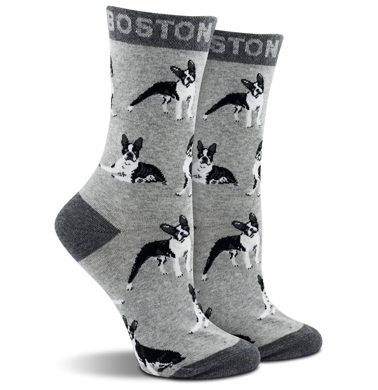 Animal Pride - Boston Terrier Pattern on Grey - Adult Cotton Crew Socks