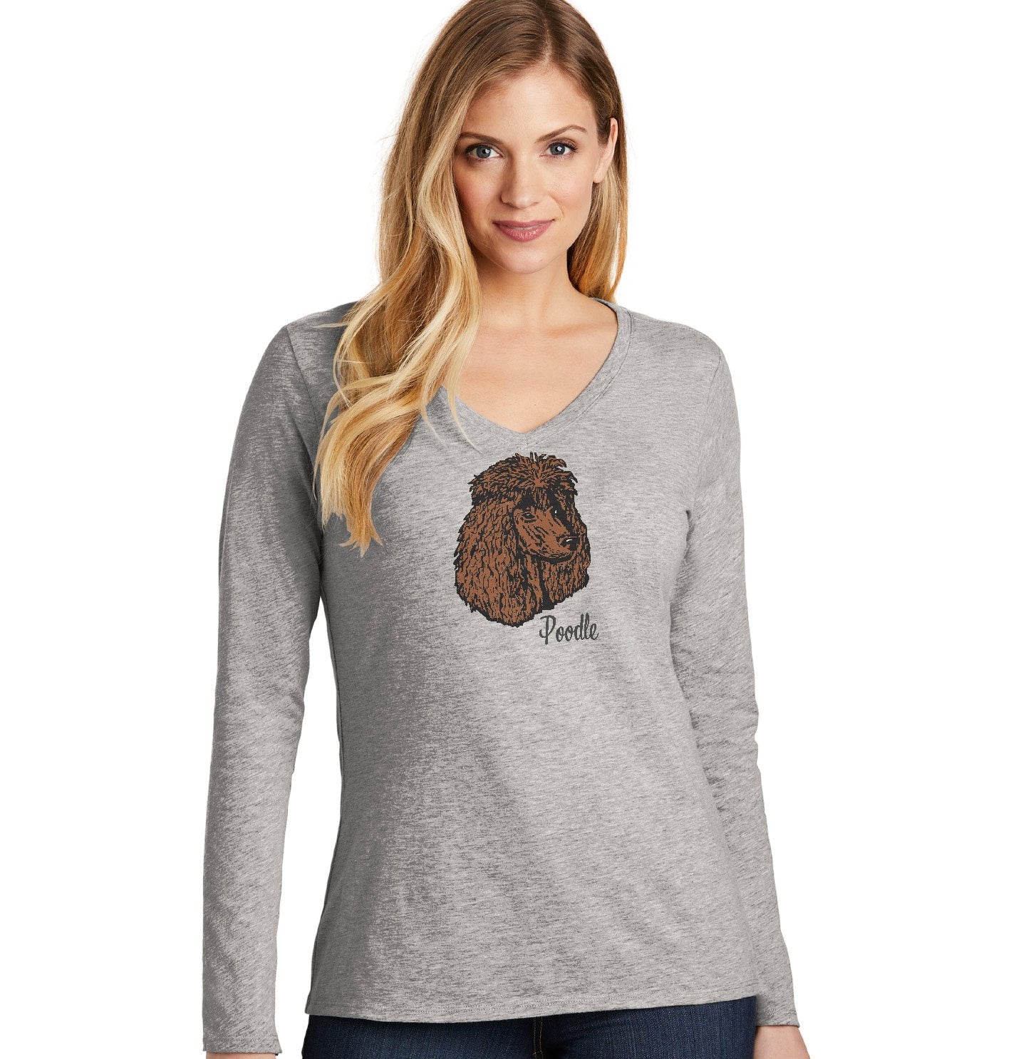 Brown Poodle Headshot - Women's V-Neck Long Sleeve T-Shirt