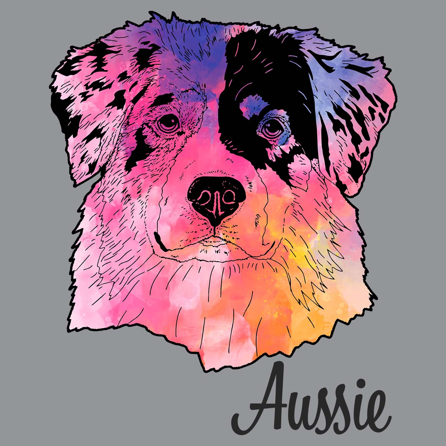 Colorful Australian Shepherd Headshot - Adult Unisex Long Sleeve T-Shirt
