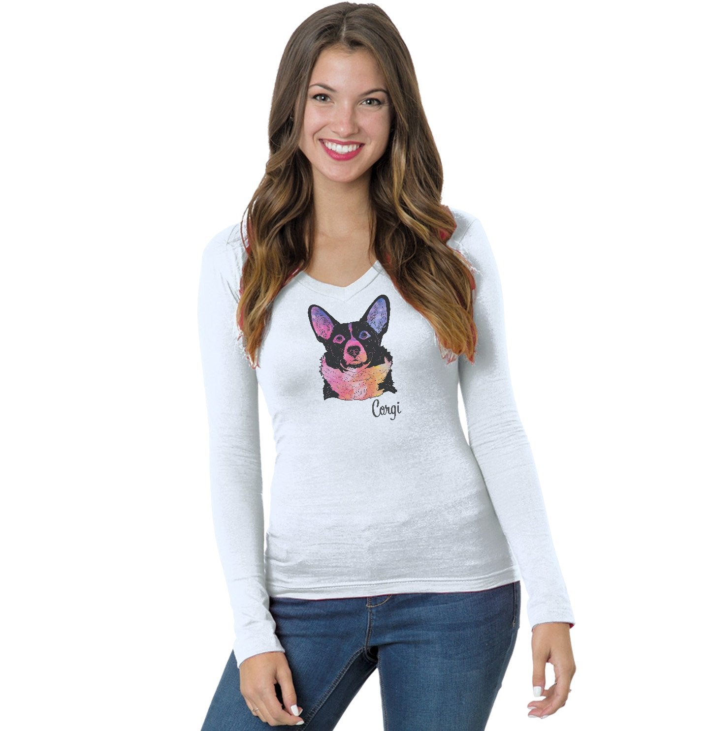 Colorful Corgi Headshot - Women's V-Neck Long Sleeve T-Shirt