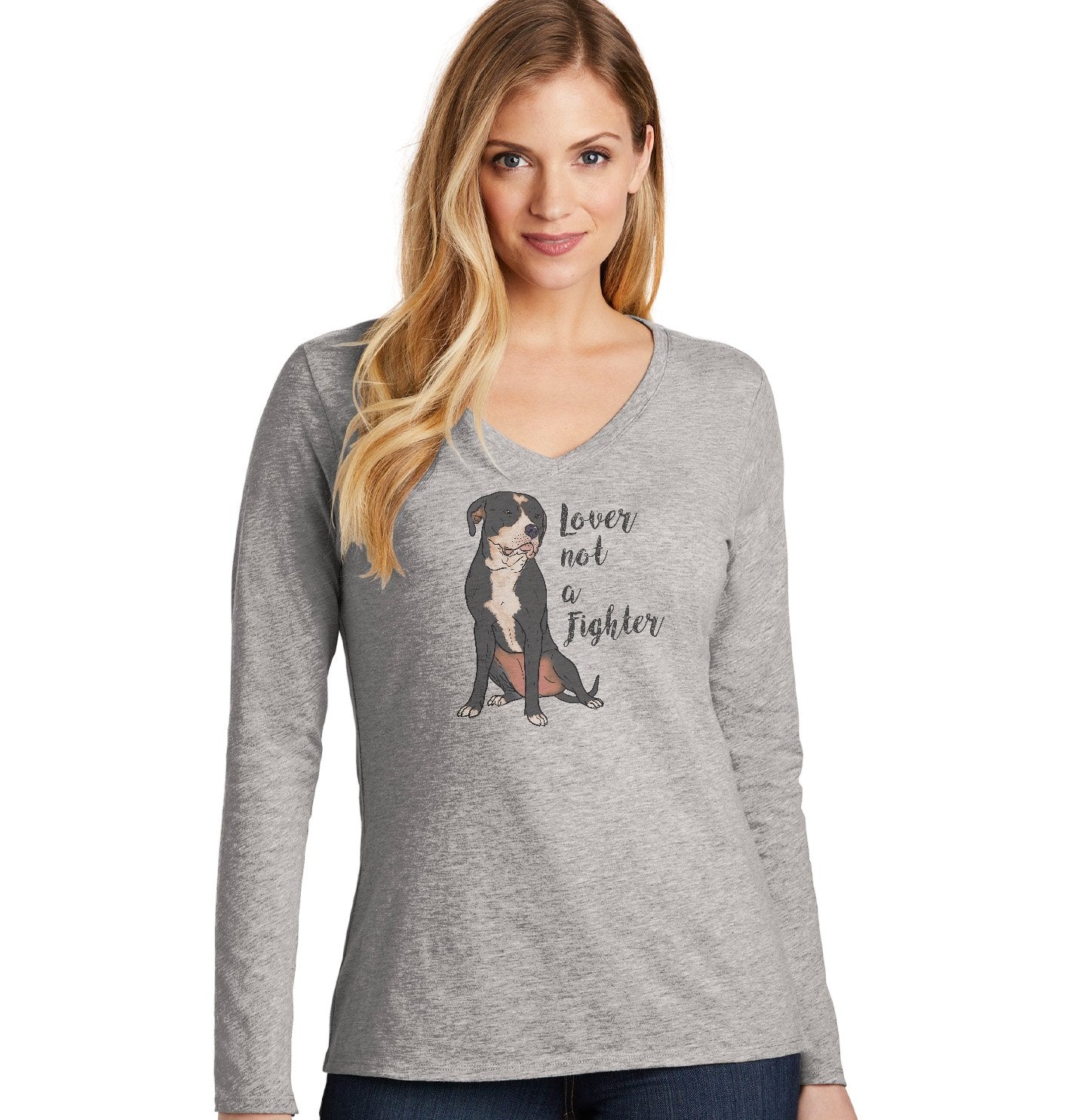 Black & White Pit Bull Lover Not Fighter - Women's V-Neck Long Sleeve T-Shirt