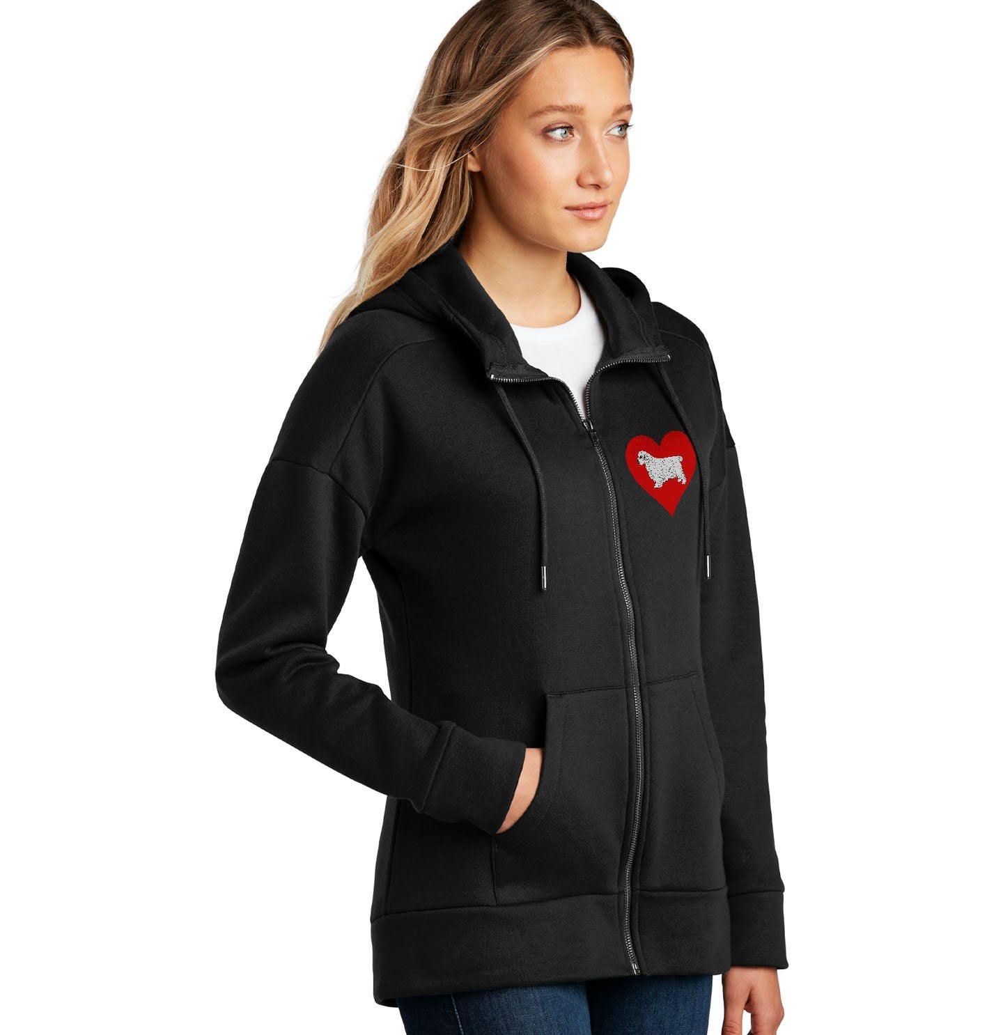 Clumber Spaniel on Heart Left Chest - Women's Full-Zip Hoodie Sweatshirt