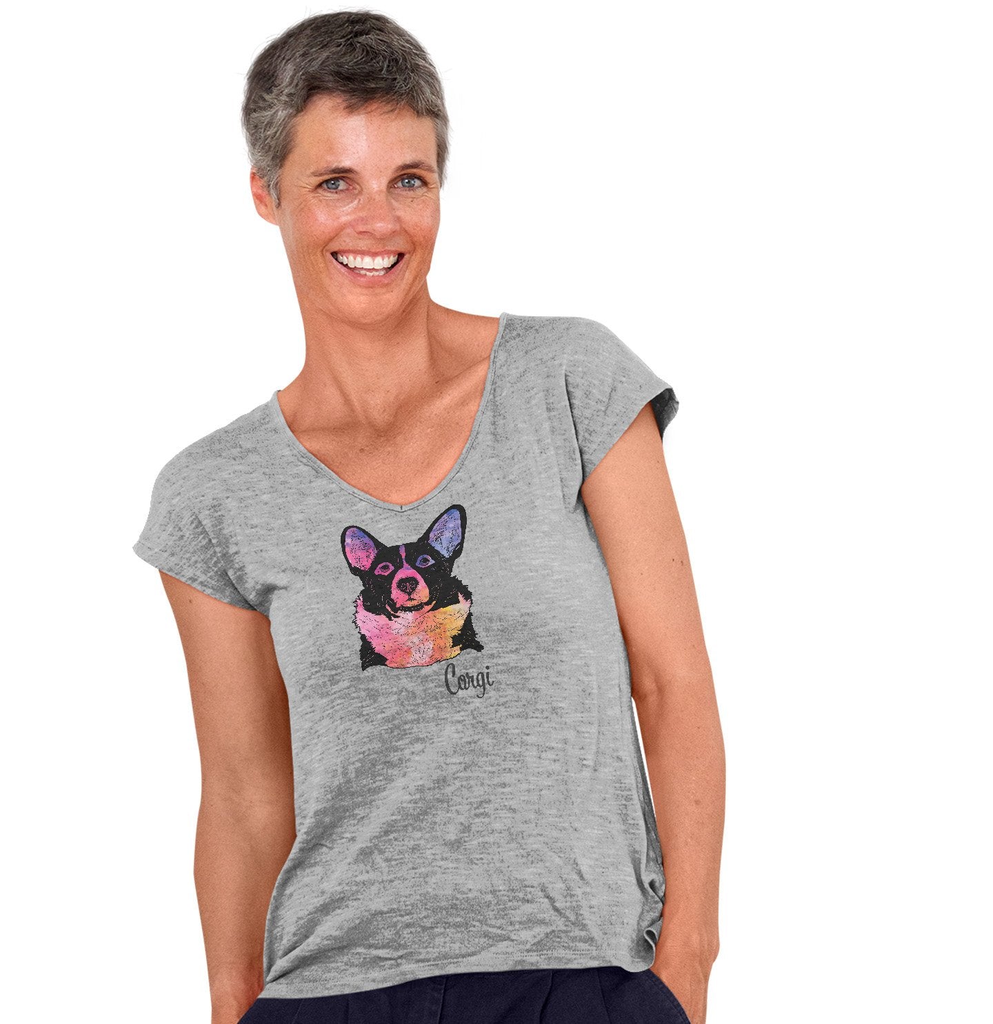 Colorful Corgi Headshot - Women's V-Neck T-Shirt