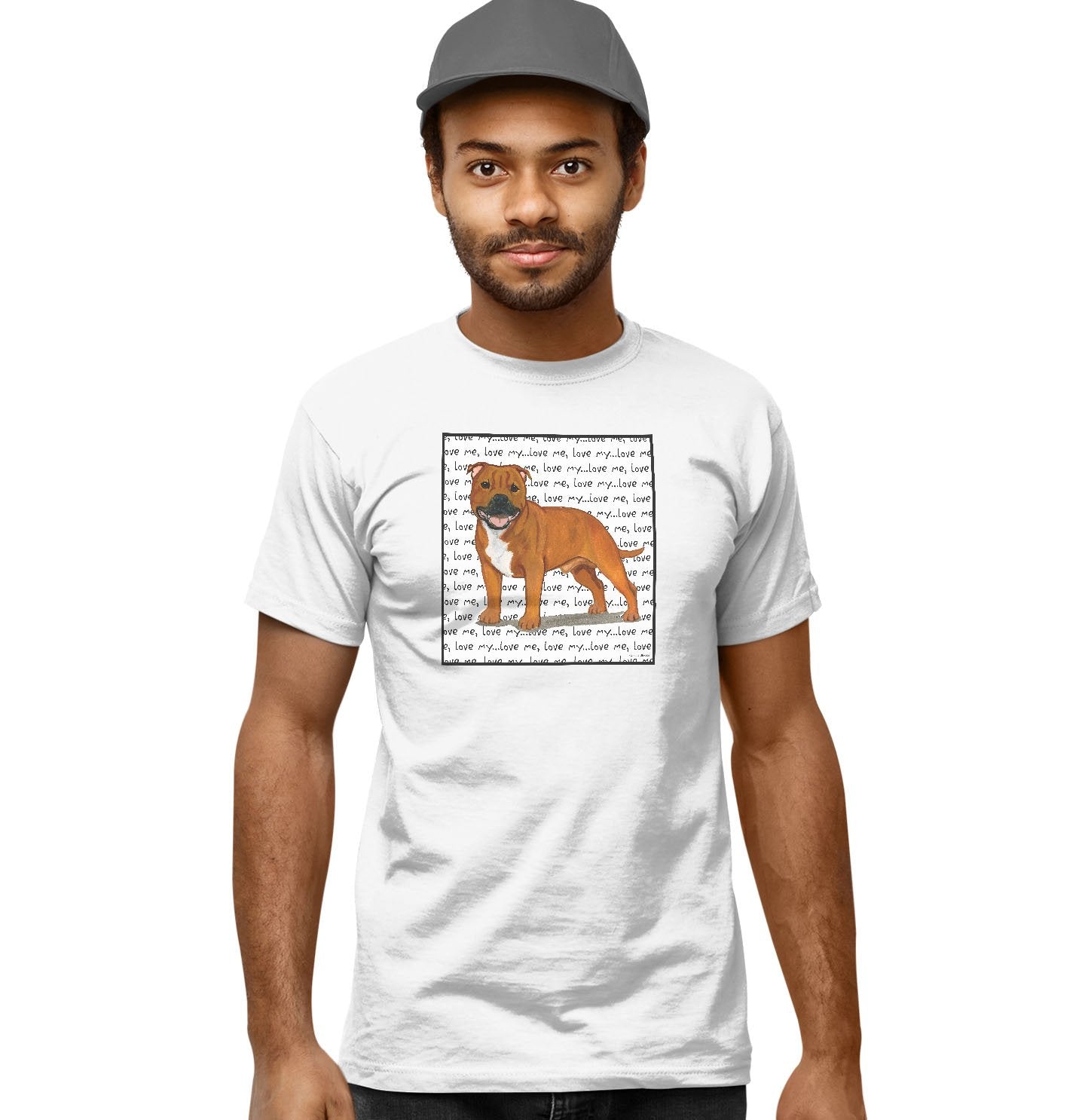 Red English Staffy Love Text - Adult Unisex T-Shirt