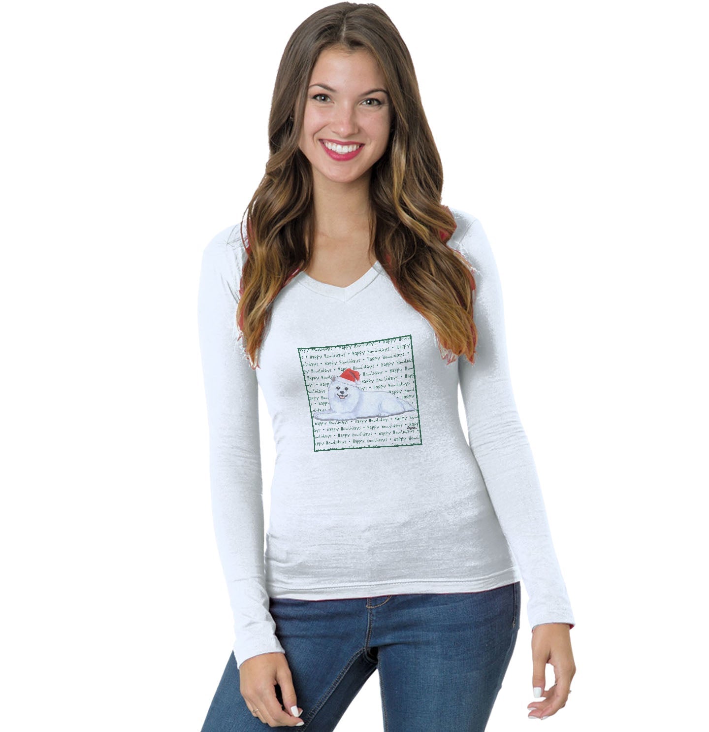 American Eskimo Dog Happy Howlidays Text - Women's V-Neck Long Sleeve T-Shirt