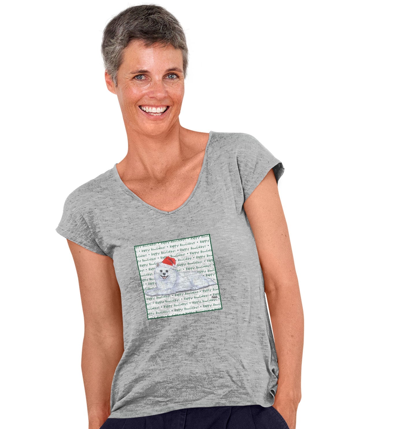 American Eskimo Dog Happy Howlidays Text - Women's V-Neck T-Shirt