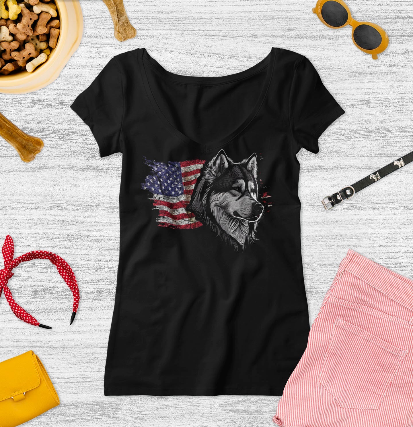 Patriotic Alaskan Malamute American Flag - Women's V-Neck T-Shirt