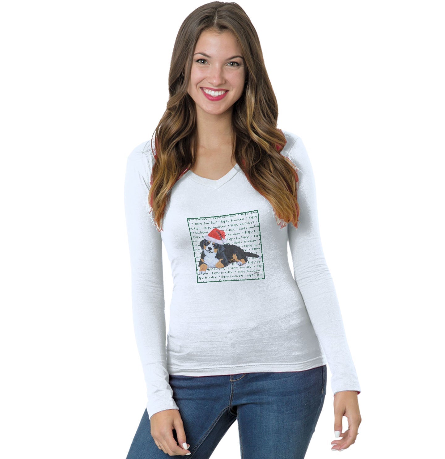 Bernese Mountain Dog Puppy Happy Howlidays Text - Women's V-Neck Long Sleeve T-Shirt