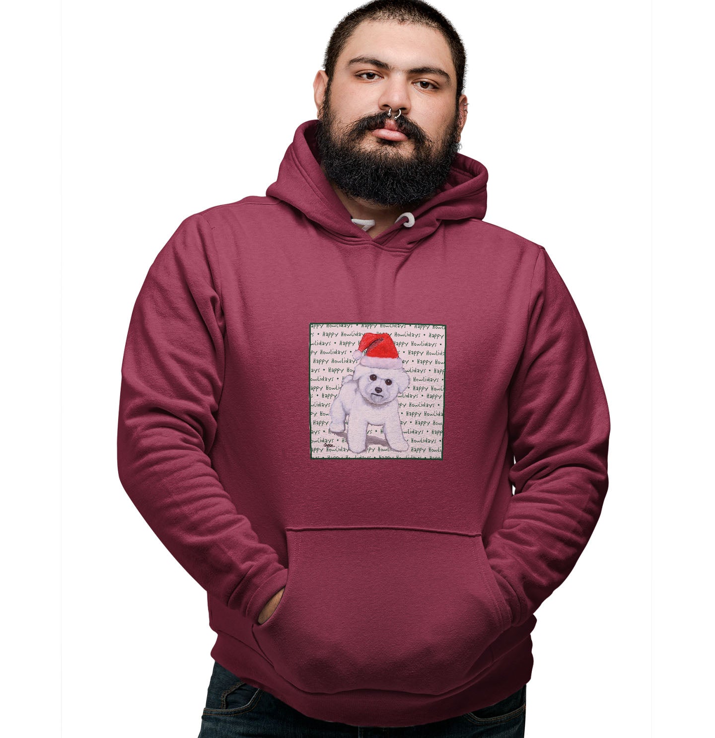 Bichon Frise Puppy Happy Howlidays Text - Adult Unisex Hoodie Sweatshirt