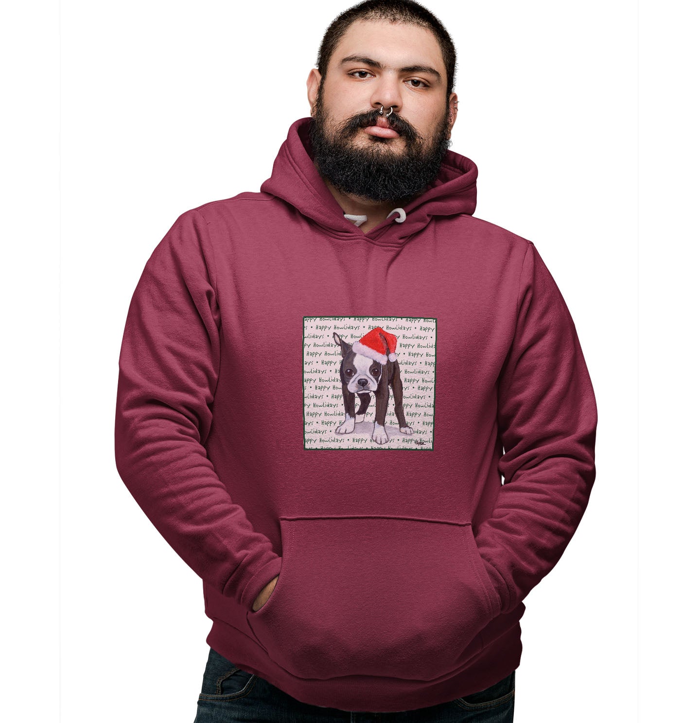 Boston Terrier Puppy Happy Howlidays Text - Adult Unisex Hoodie Sweatshirt