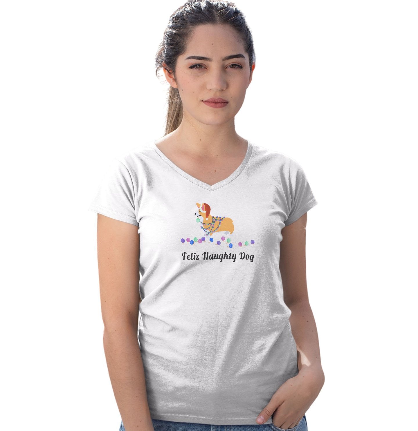 Feliz Naughty Dog Corgi - Women's V-Neck T-Shirt