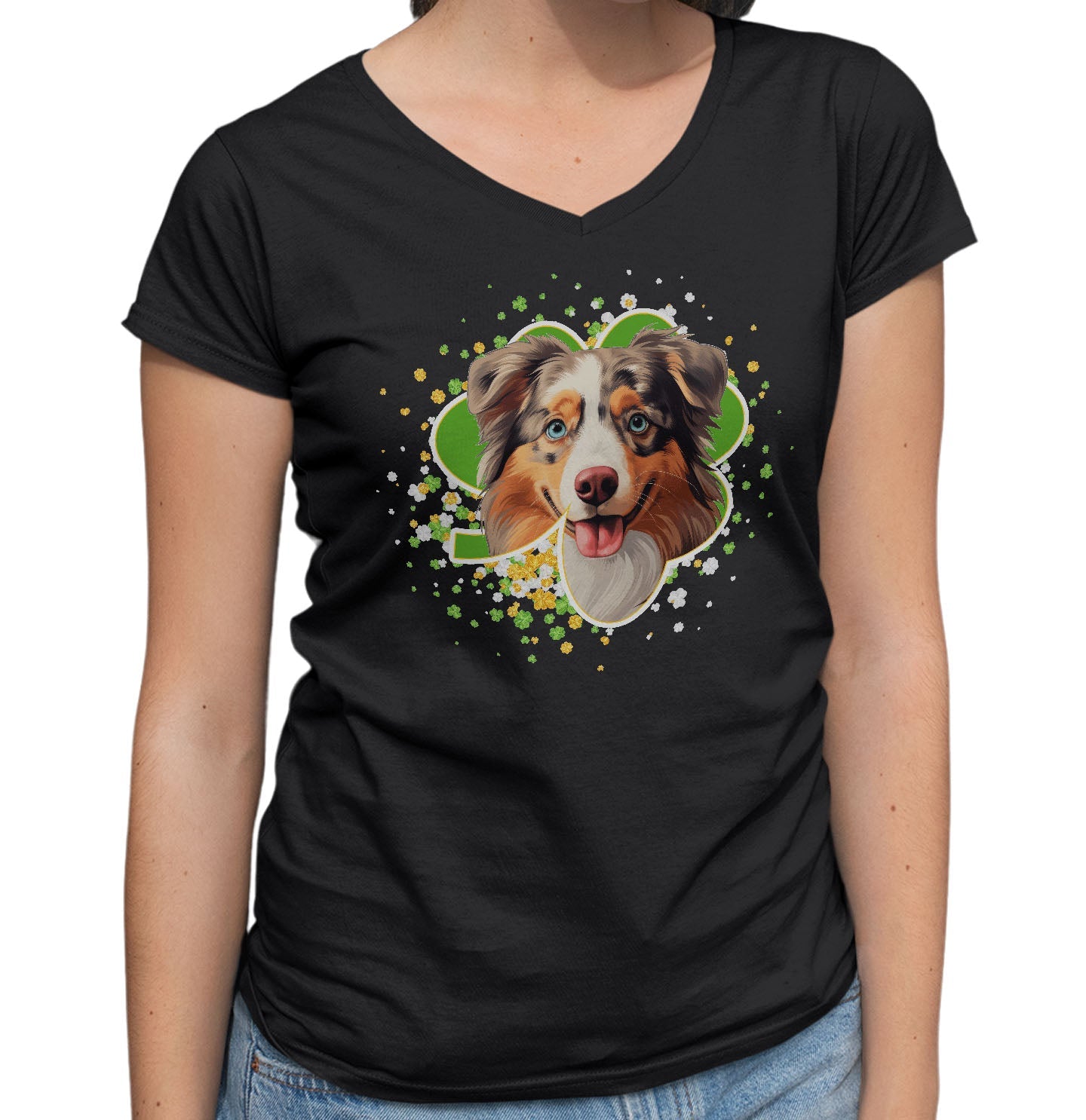 Big Clover St. Patrick's Day Australian Shepherd - Women's V-Neck T-Shirt