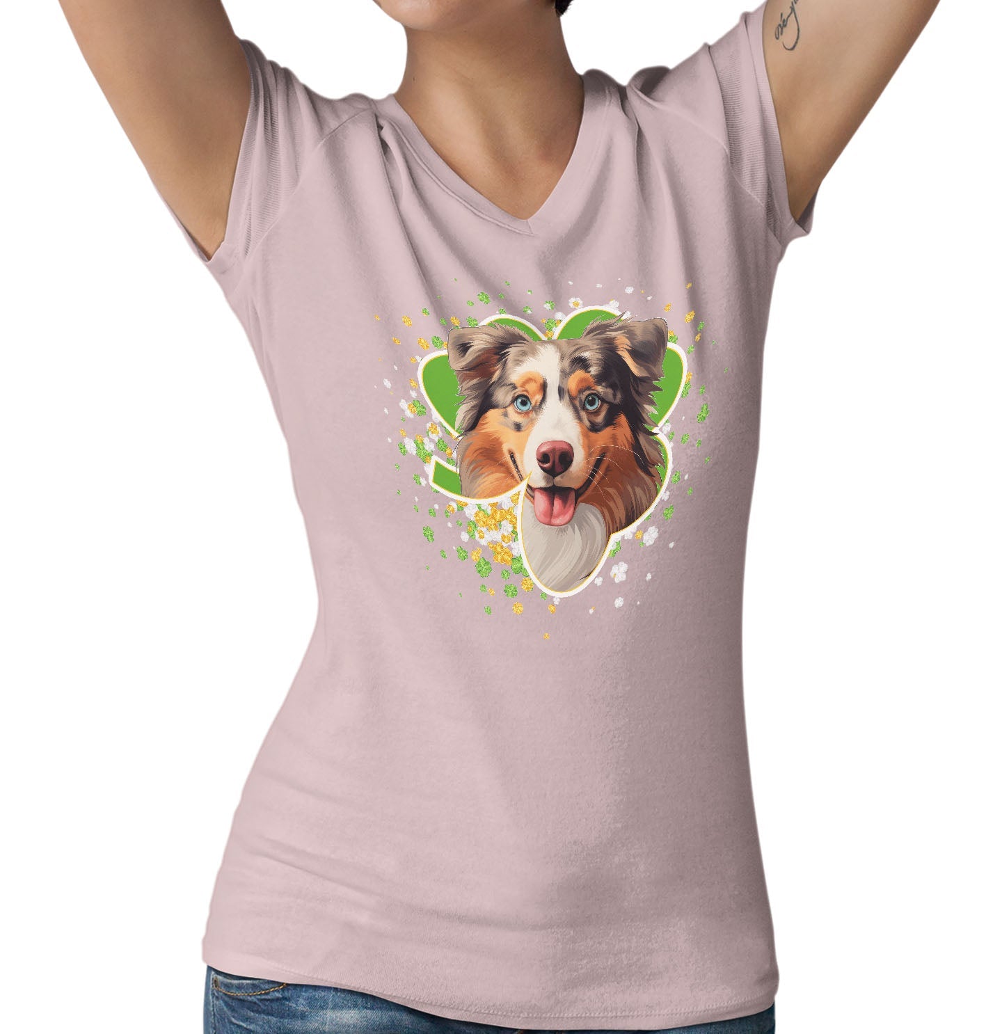 Big Clover St. Patrick's Day Australian Shepherd - Women's V-Neck T-Shirt