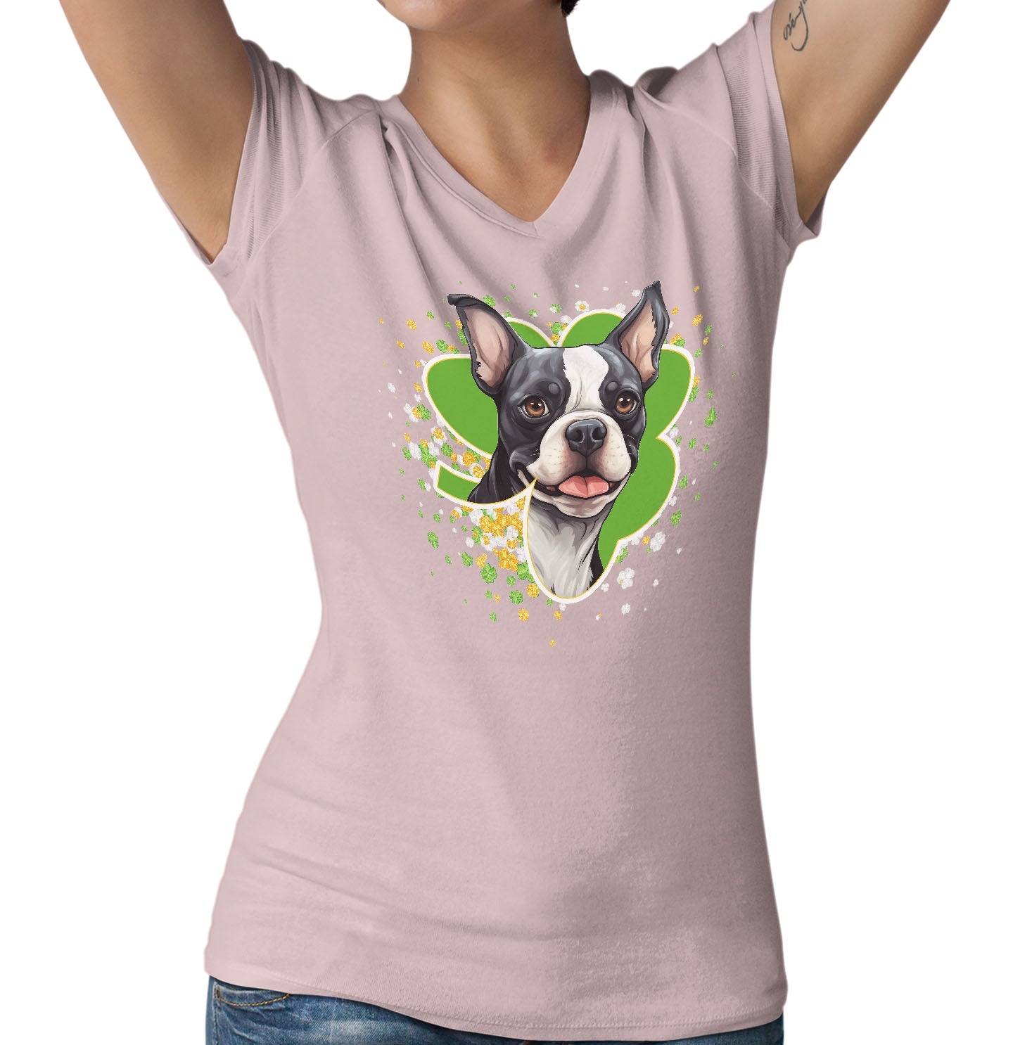 Big Clover St. Patrick's Day Boston Terrier - Women's V-Neck T-Shirt