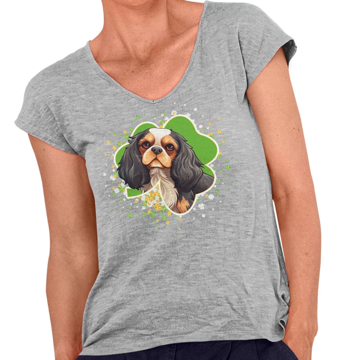 Big Clover St. Patrick's Day Cavalier King Charles Spaniel (Tri Color) - Women's V-Neck T-Shirt