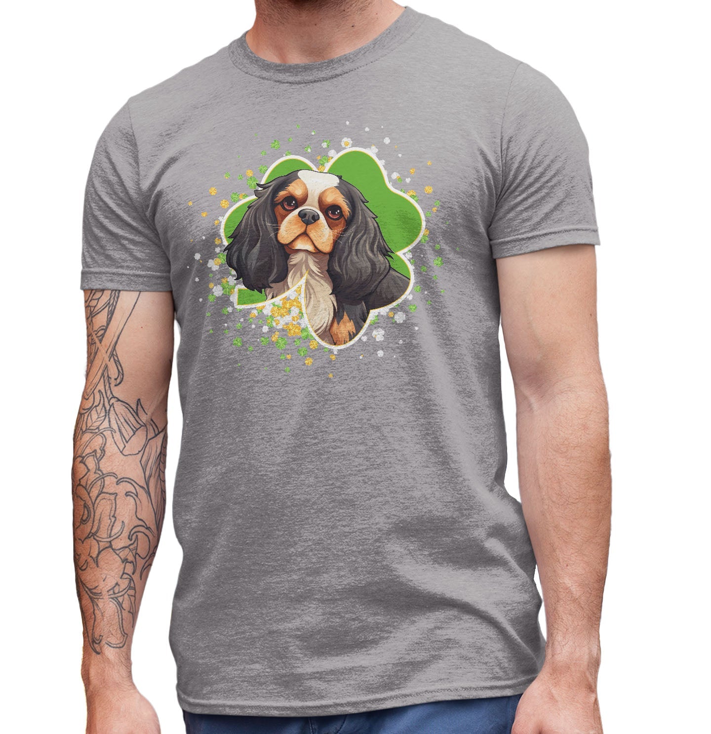 Big Clover St. Patrick's Day Cavalier King Charles Spaniel (Tri Color) - Adult Unisex T-Shirt