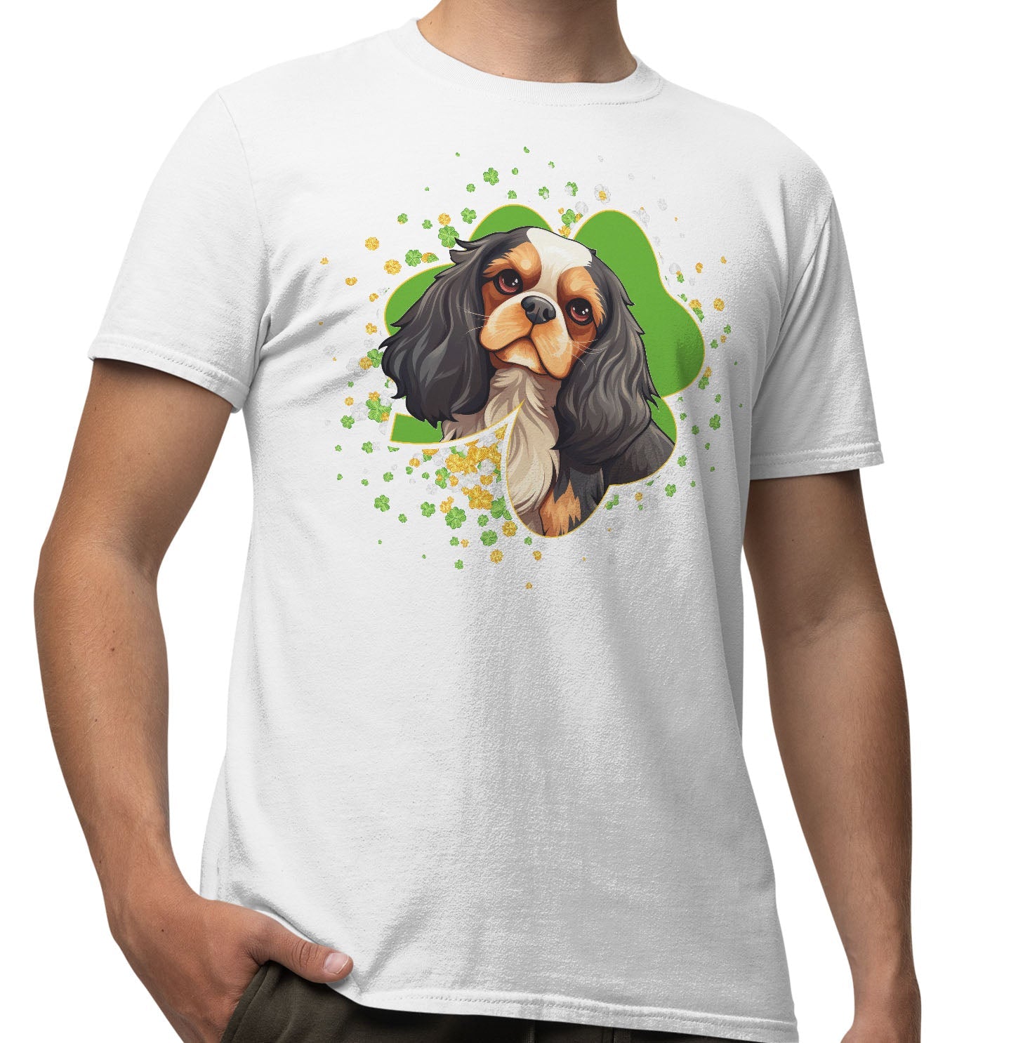 Big Clover St. Patrick's Day Cavalier King Charles Spaniel (Tri Color) - Adult Unisex T-Shirt