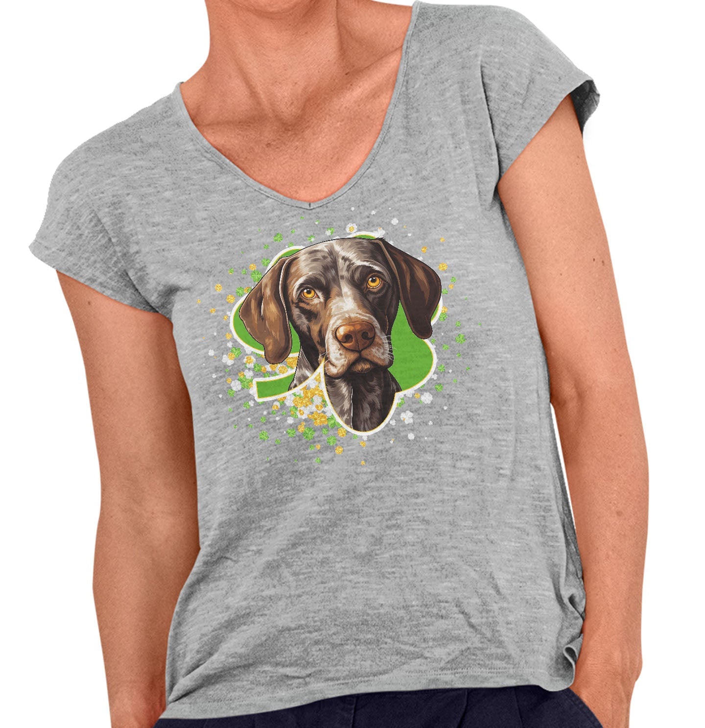 Big Clover St. Patrick's Day German Shorthaired Pointer - Women's V-Neck T-Shirt