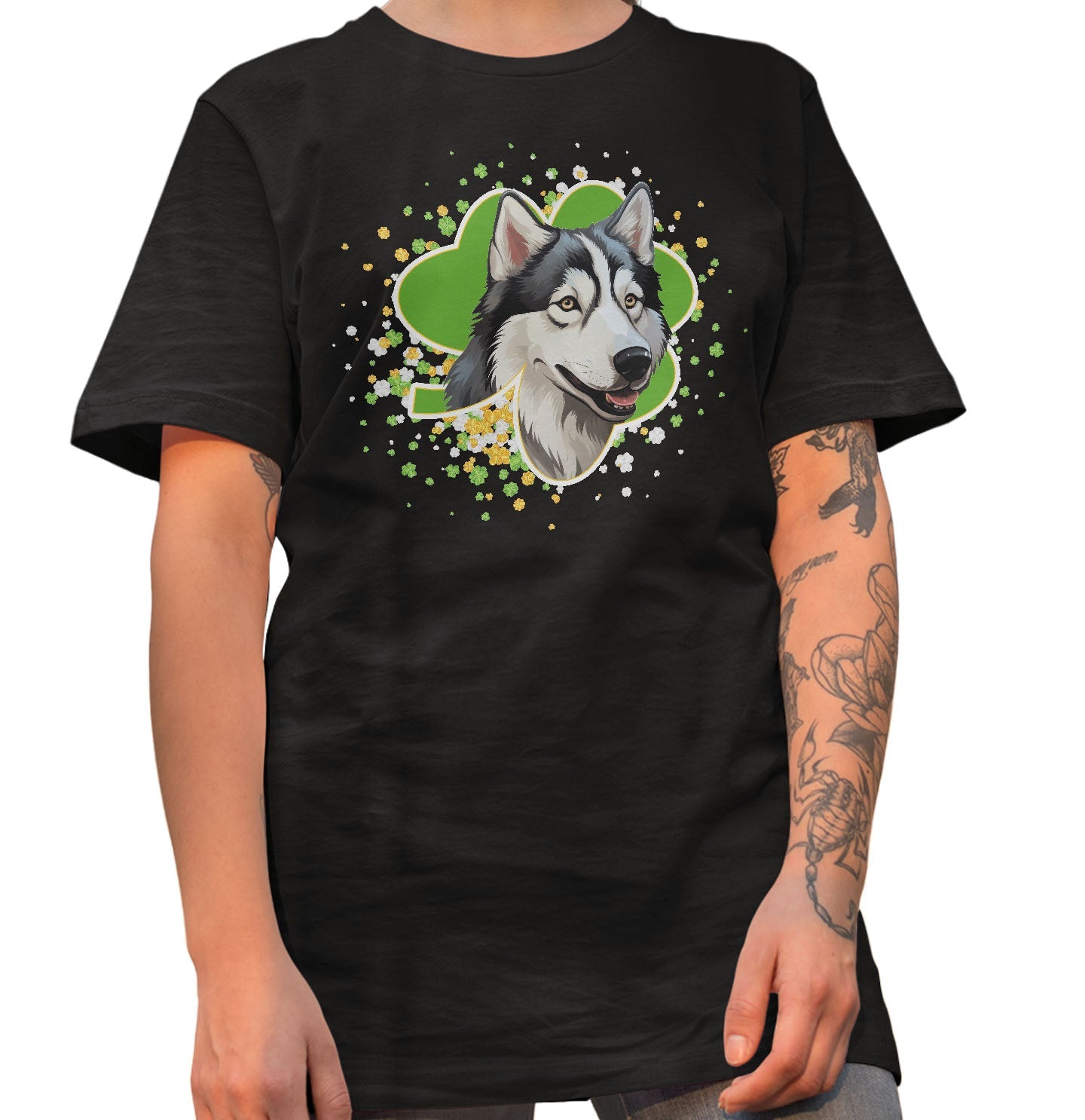 Big Clover St. Patrick's Day Siberian Husky - Adult Unisex T-Shirt
