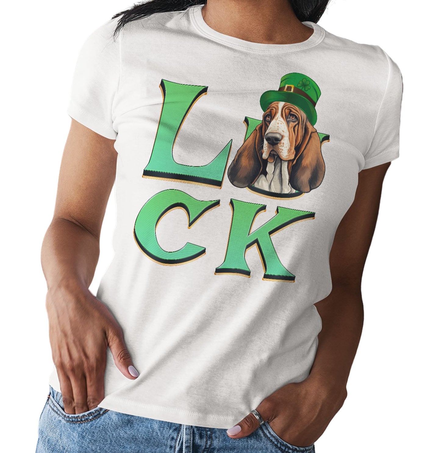 Big LUCK St. Patrick's Day Basset Hound - Women's Fitted T-Shirt