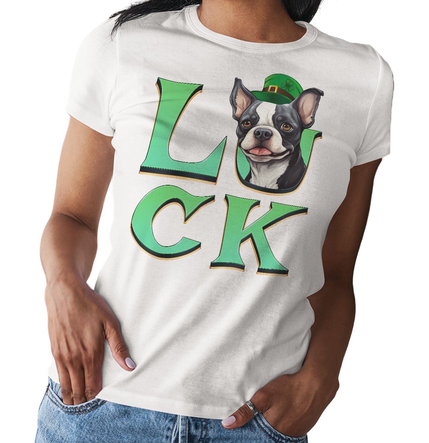 Big LUCK St. Patrick's Day Boston Terrier - Women's Fitted T-Shirt