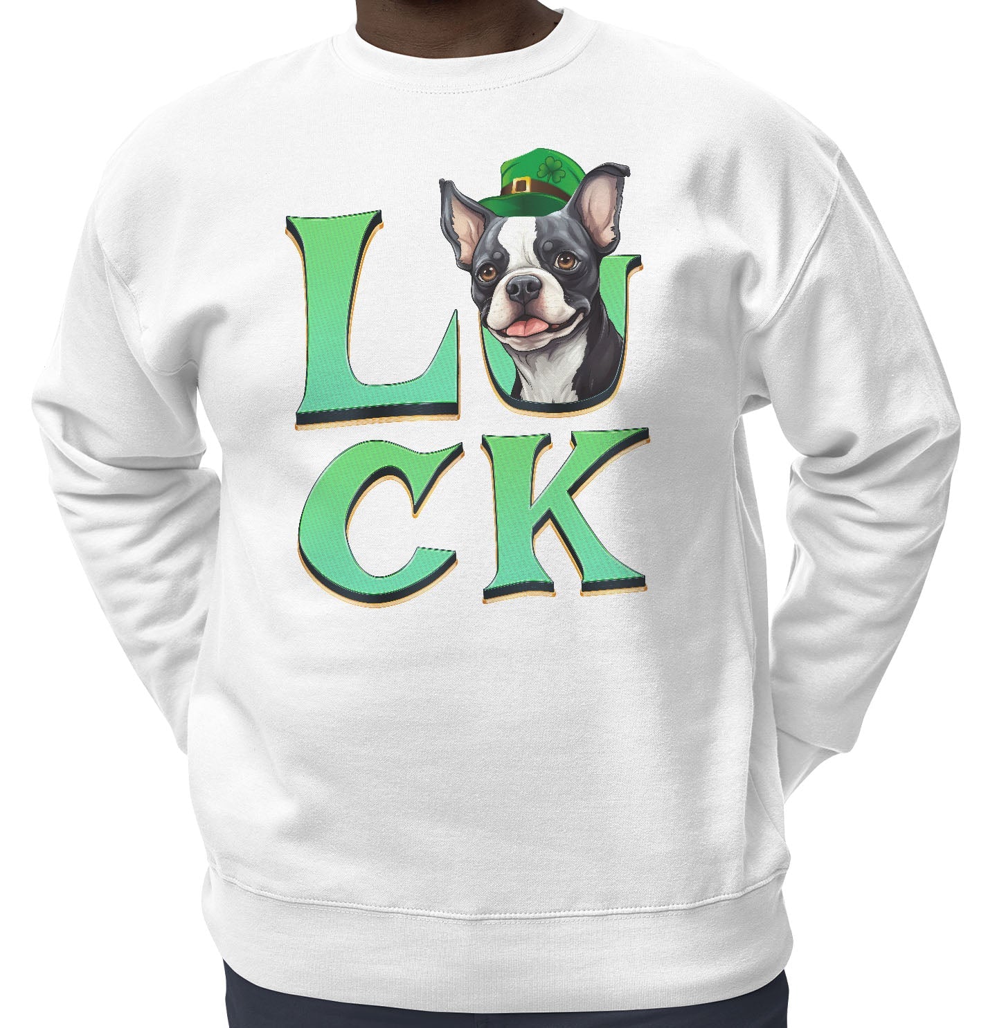 Big LUCK St. Patrick's Day Boston Terrier - Adult Unisex Crewneck Sweatshirt