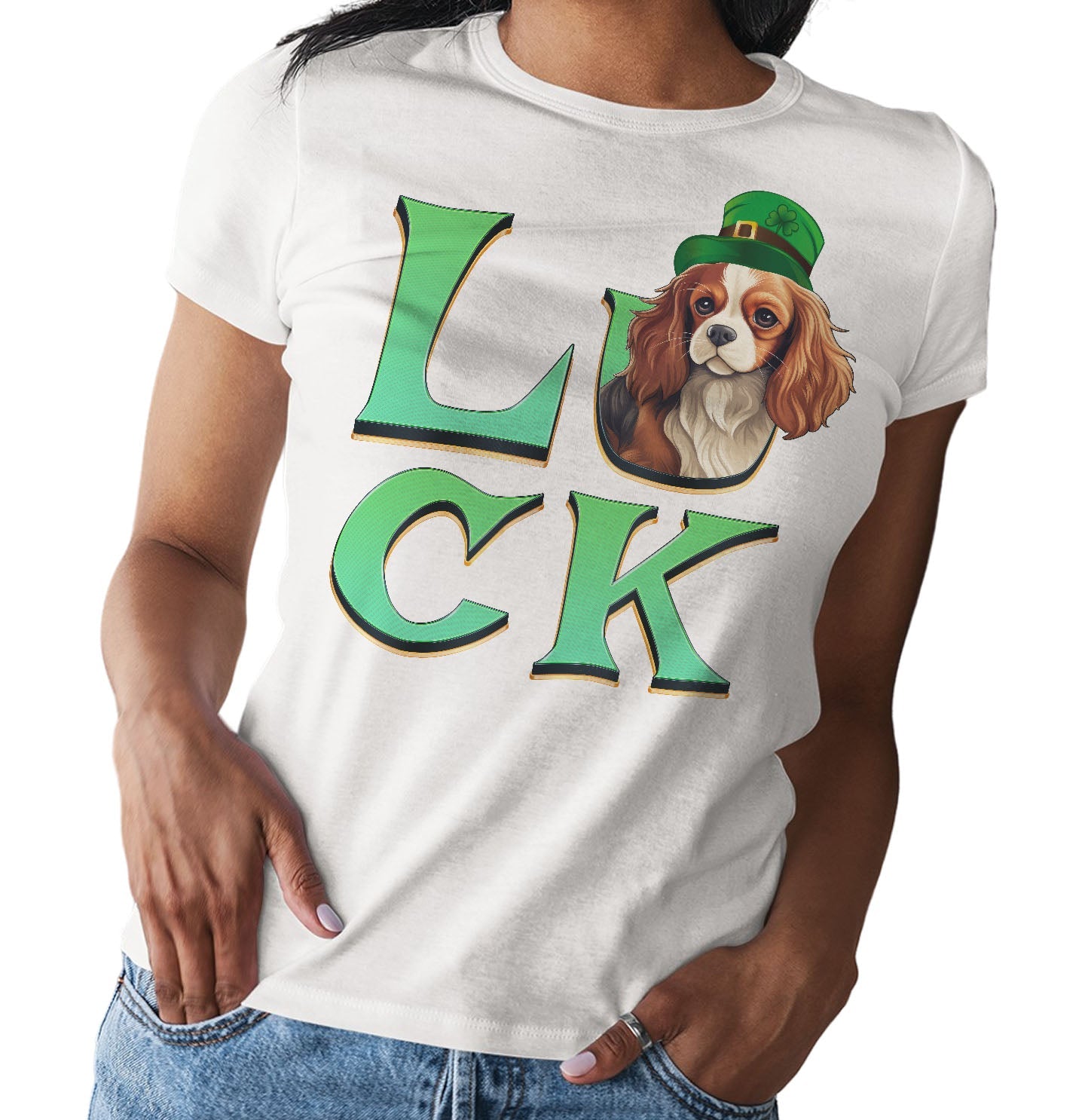 Big LUCK St. Patrick's Day Cavalier King Charles Spaniel (Blenheim) - Women's Fitted T-Shirt