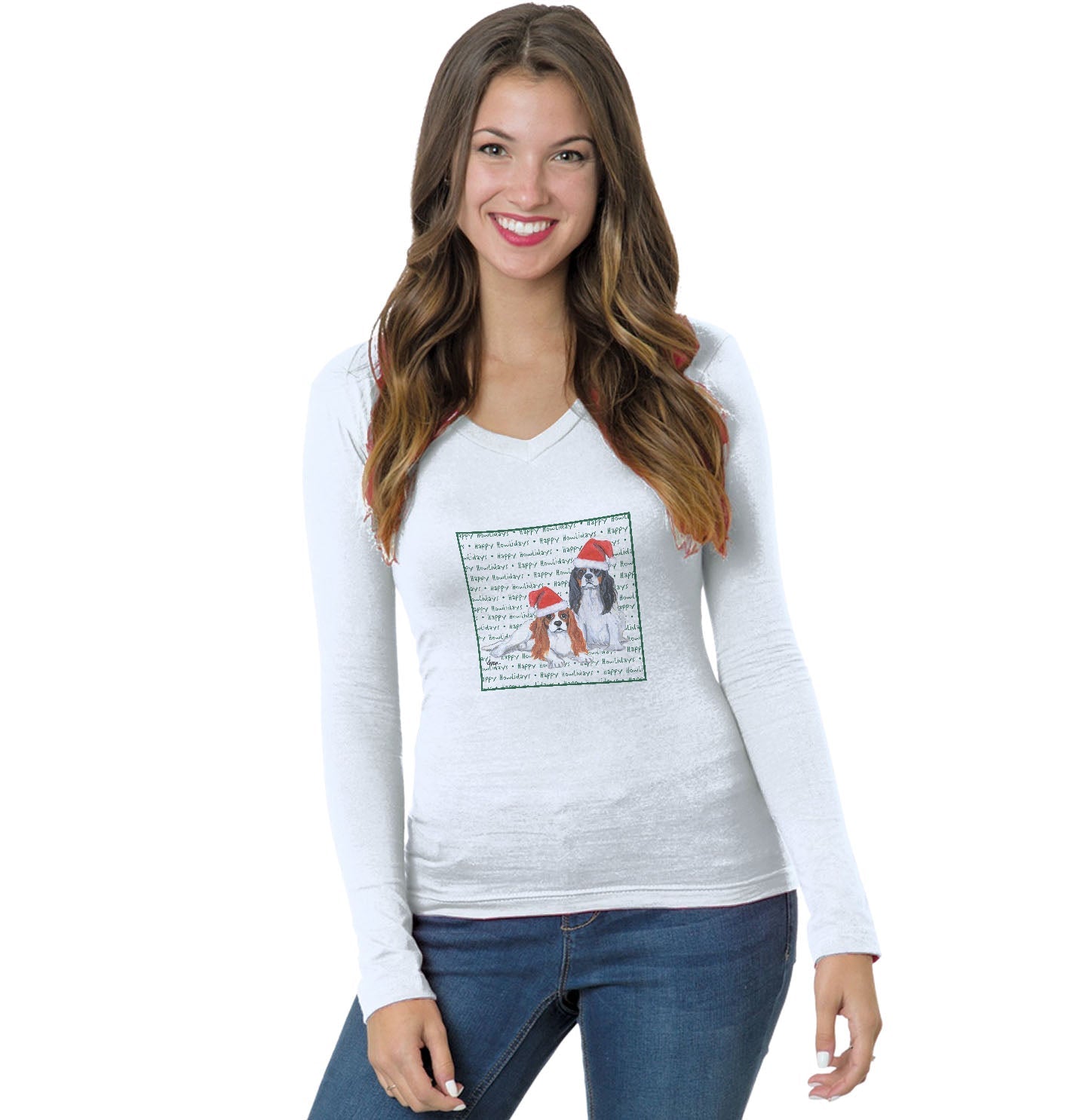 Cavalier King Charles Spaniel (Pair) Happy Howlidays Text - Women's V-Neck Long Sleeve T-Shirt