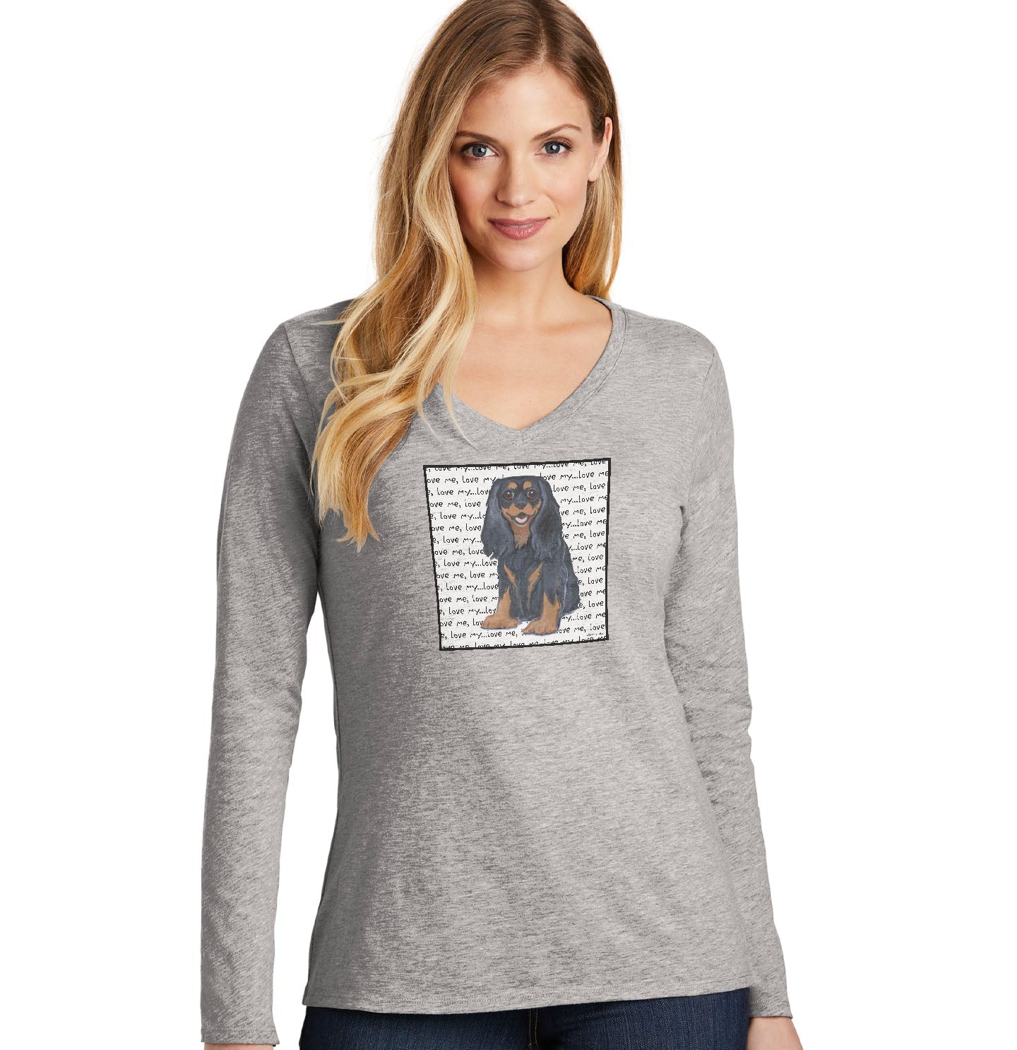 Black & Tan Cavalier Love Text - Women's V-Neck Long Sleeve T-Shirt