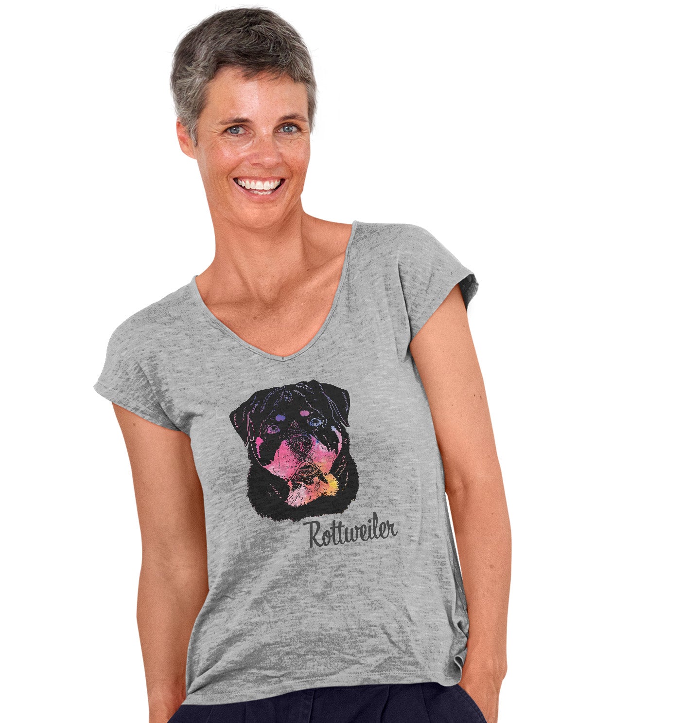 Colorful Rottweiler Headshot - Women's V-Neck T-Shirt