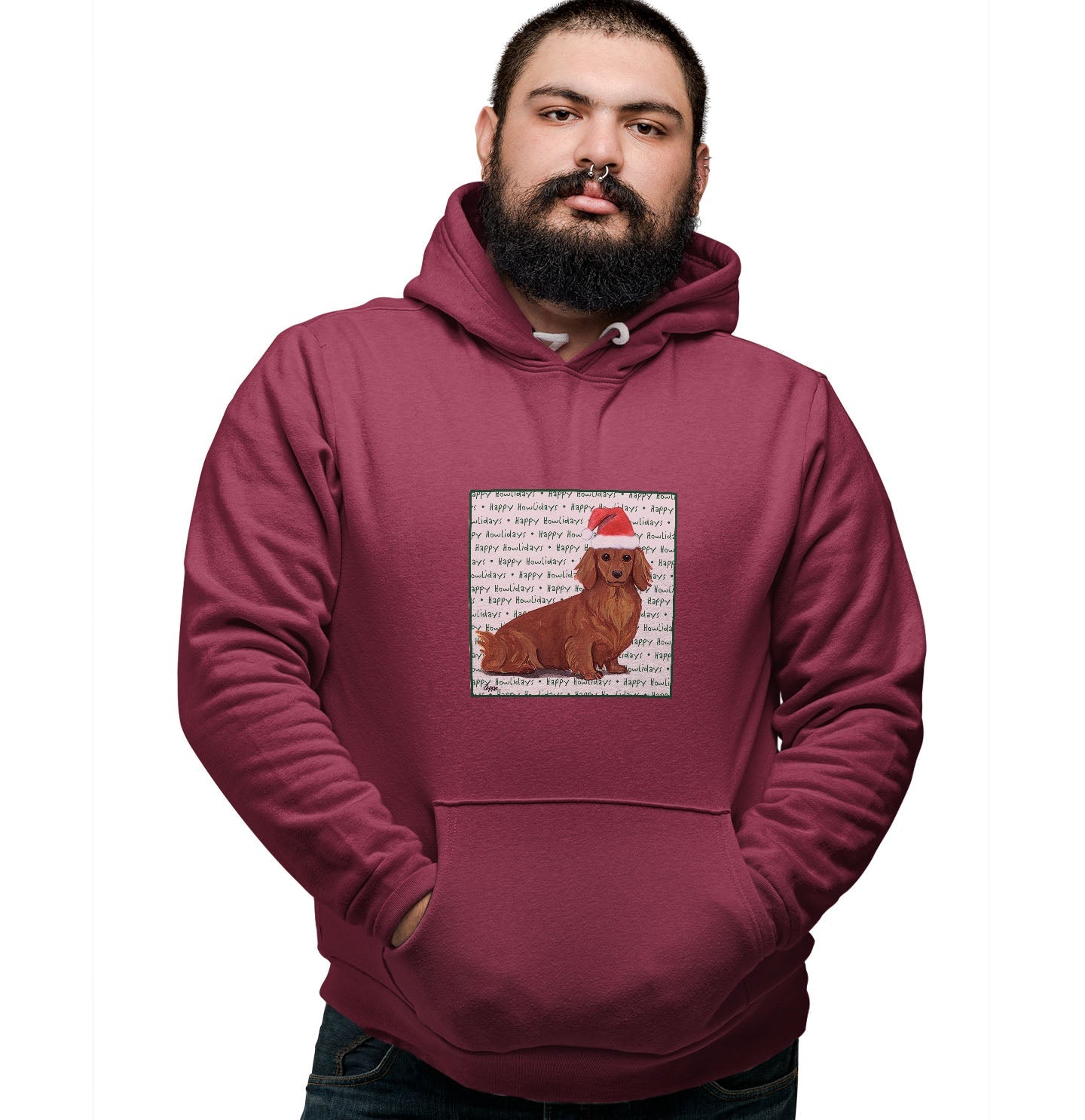 Dachshund (Red Long Haired) Happy Howlidays Text - Adult Unisex Hoodie Sweatshirt