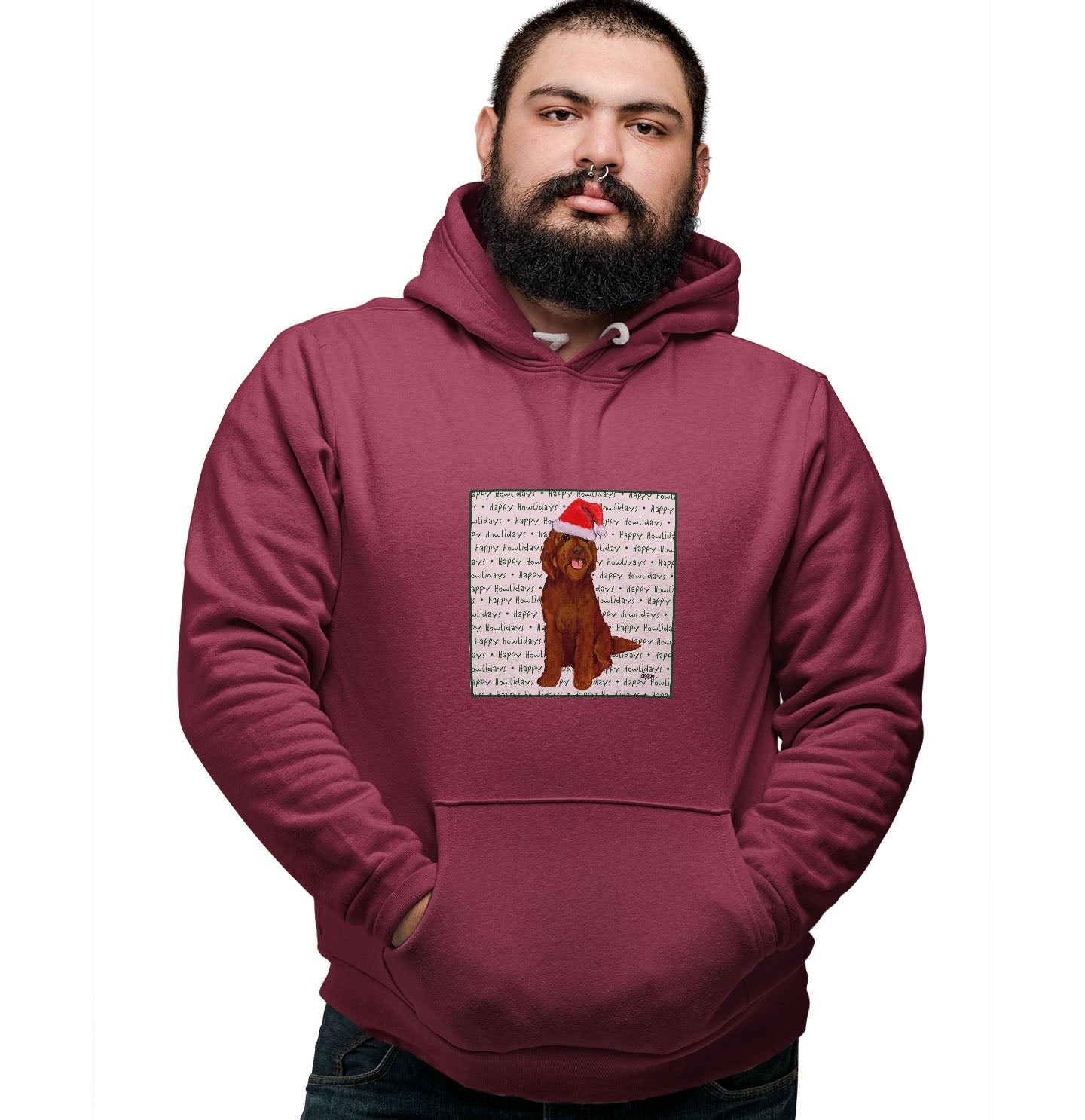 Chocolate Labradoodle Happy Howlidays Text - Adult Unisex Hoodie Sweatshirt