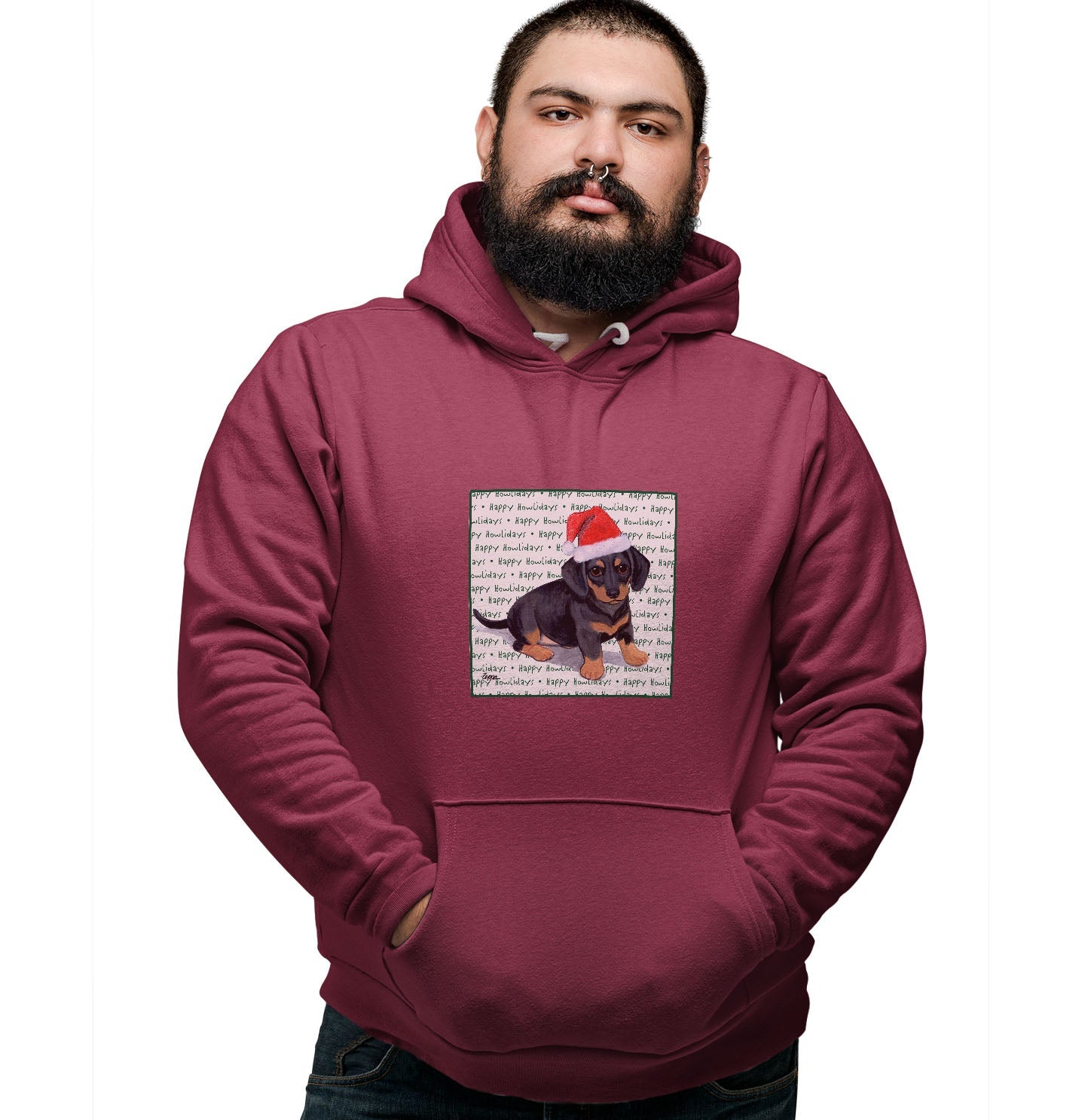 Dachshund Puppy Happy Howlidays Text - Adult Unisex Hoodie Sweatshirt