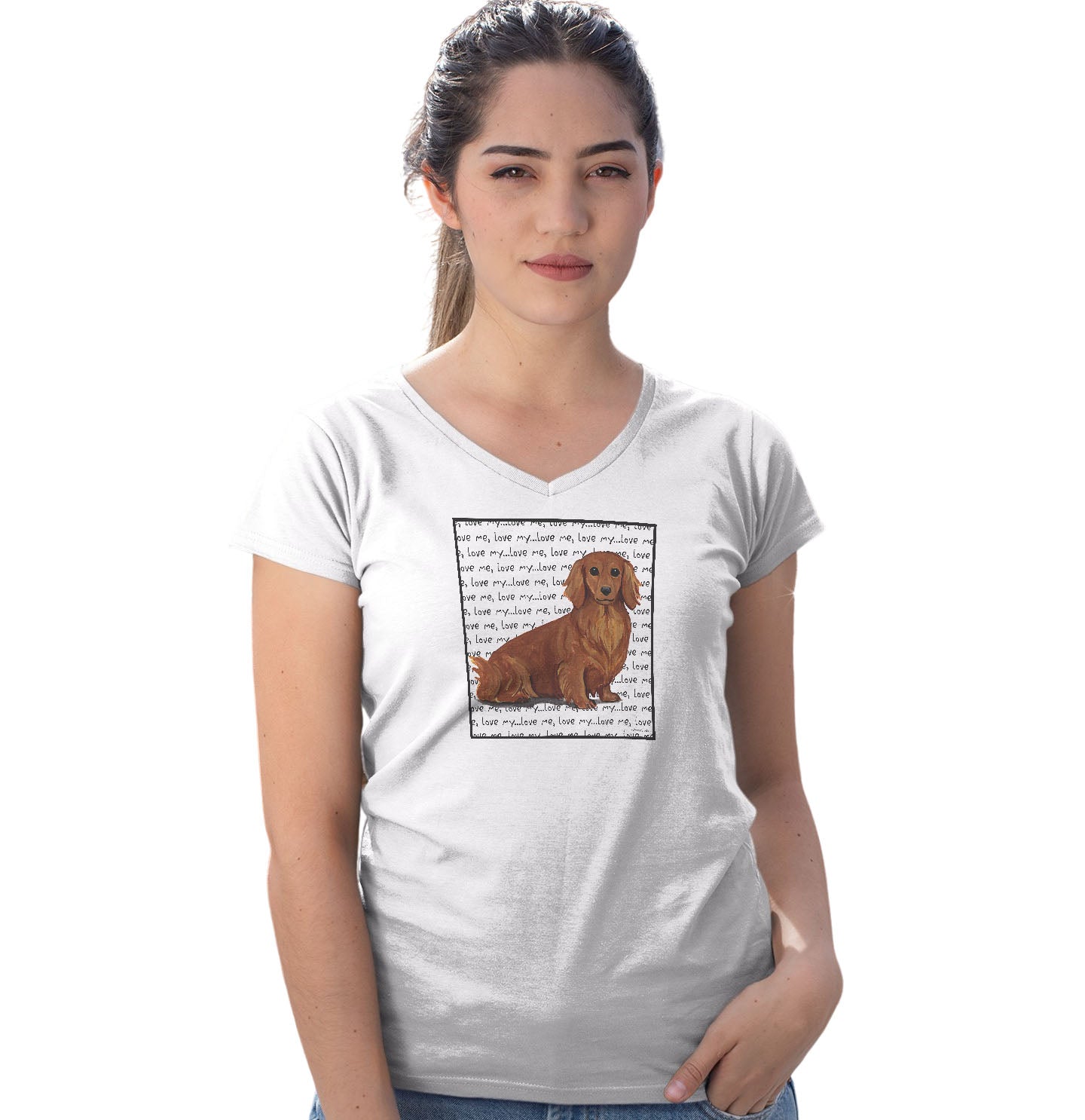 Long Haired Dachshund Love Text - Women's V-Neck T-Shirt